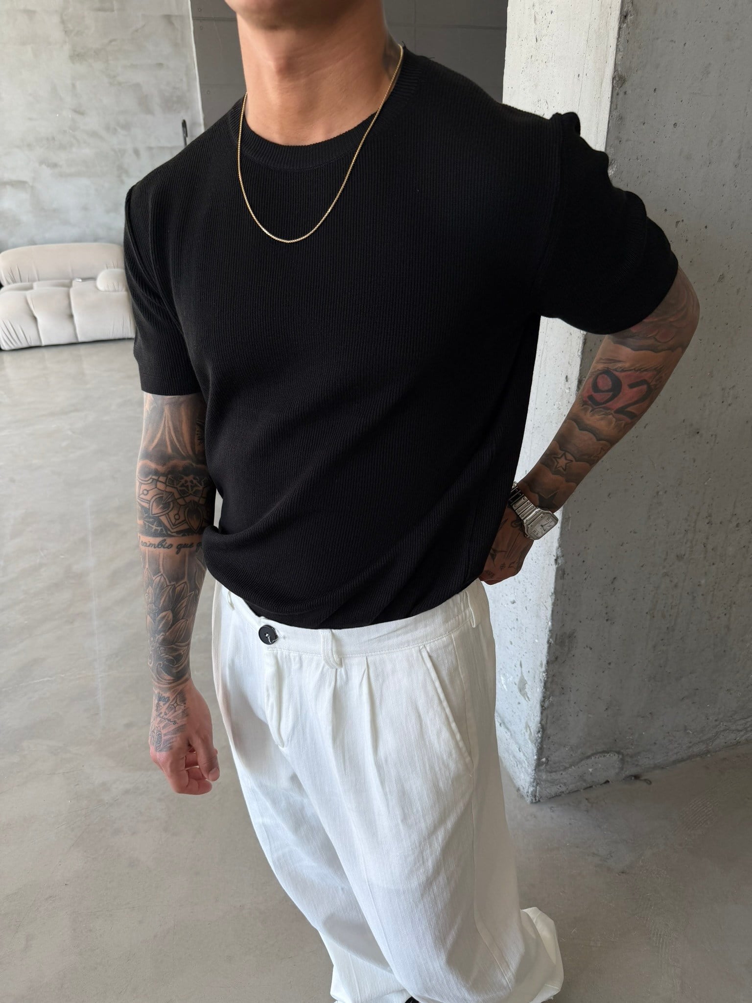 Basic Fitilli Polo Yaka - Siyah