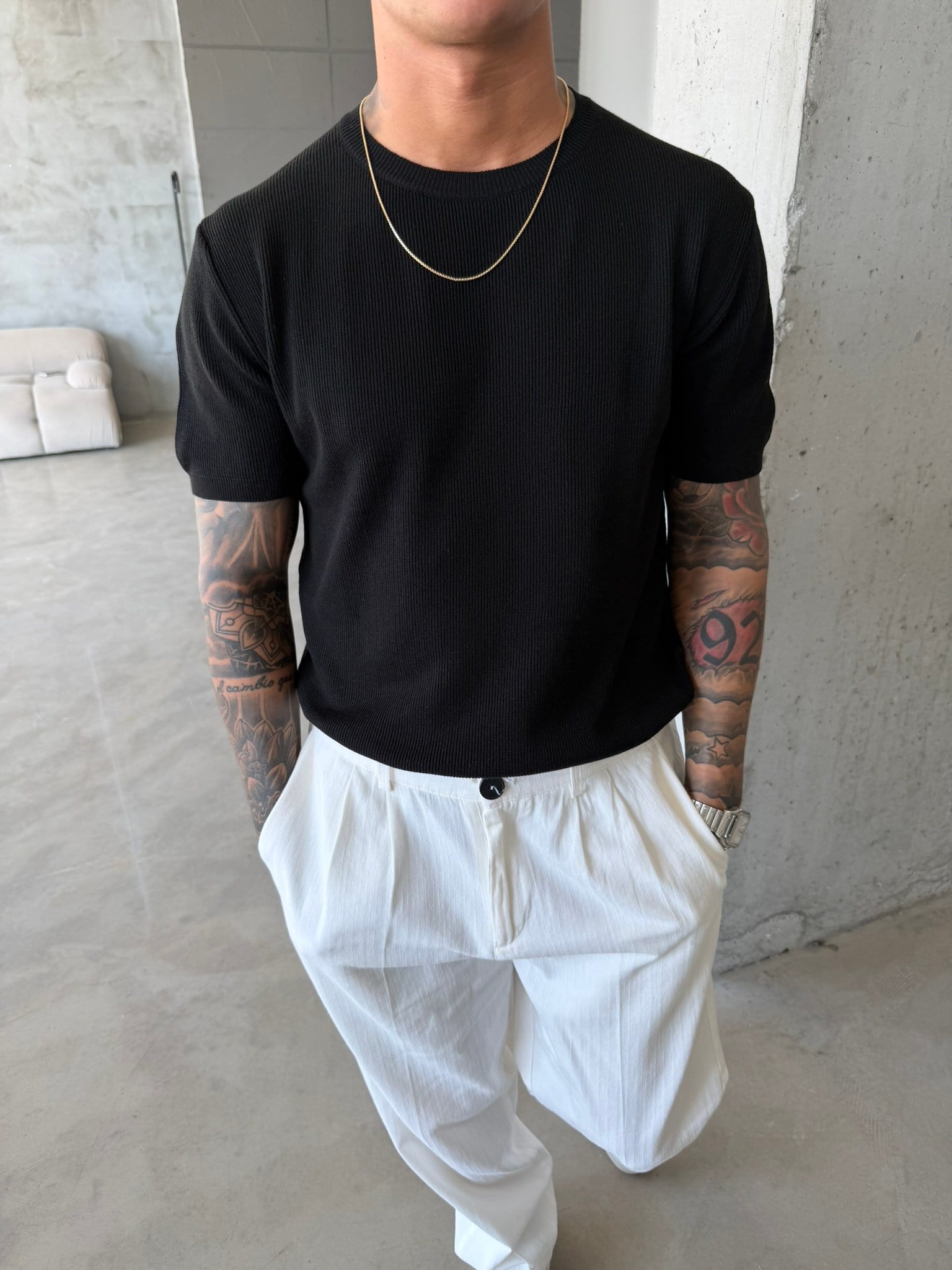 Basic Fitilli Polo Yaka - Siyah