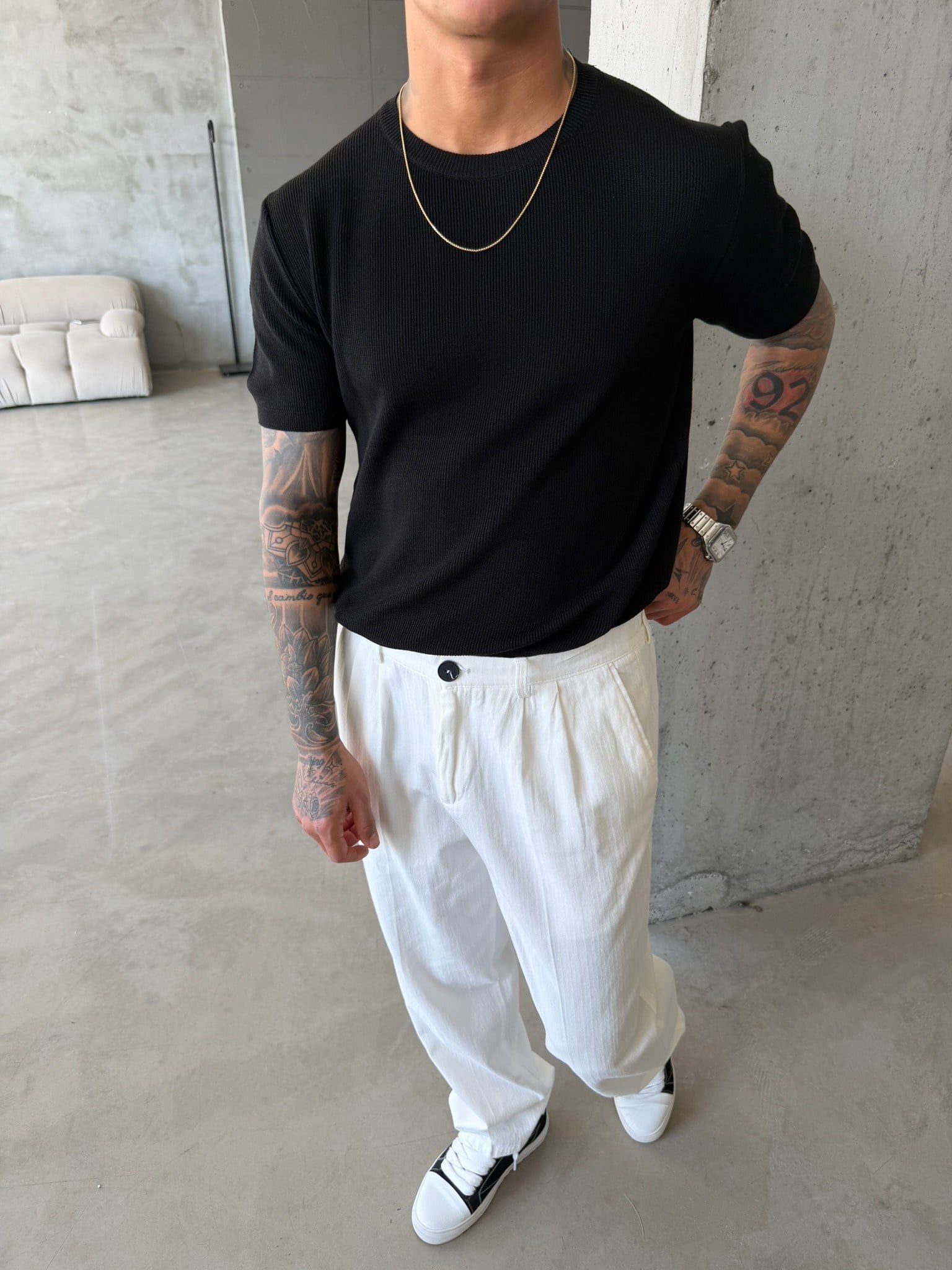 Basic Fitilli Polo Yaka - Siyah
