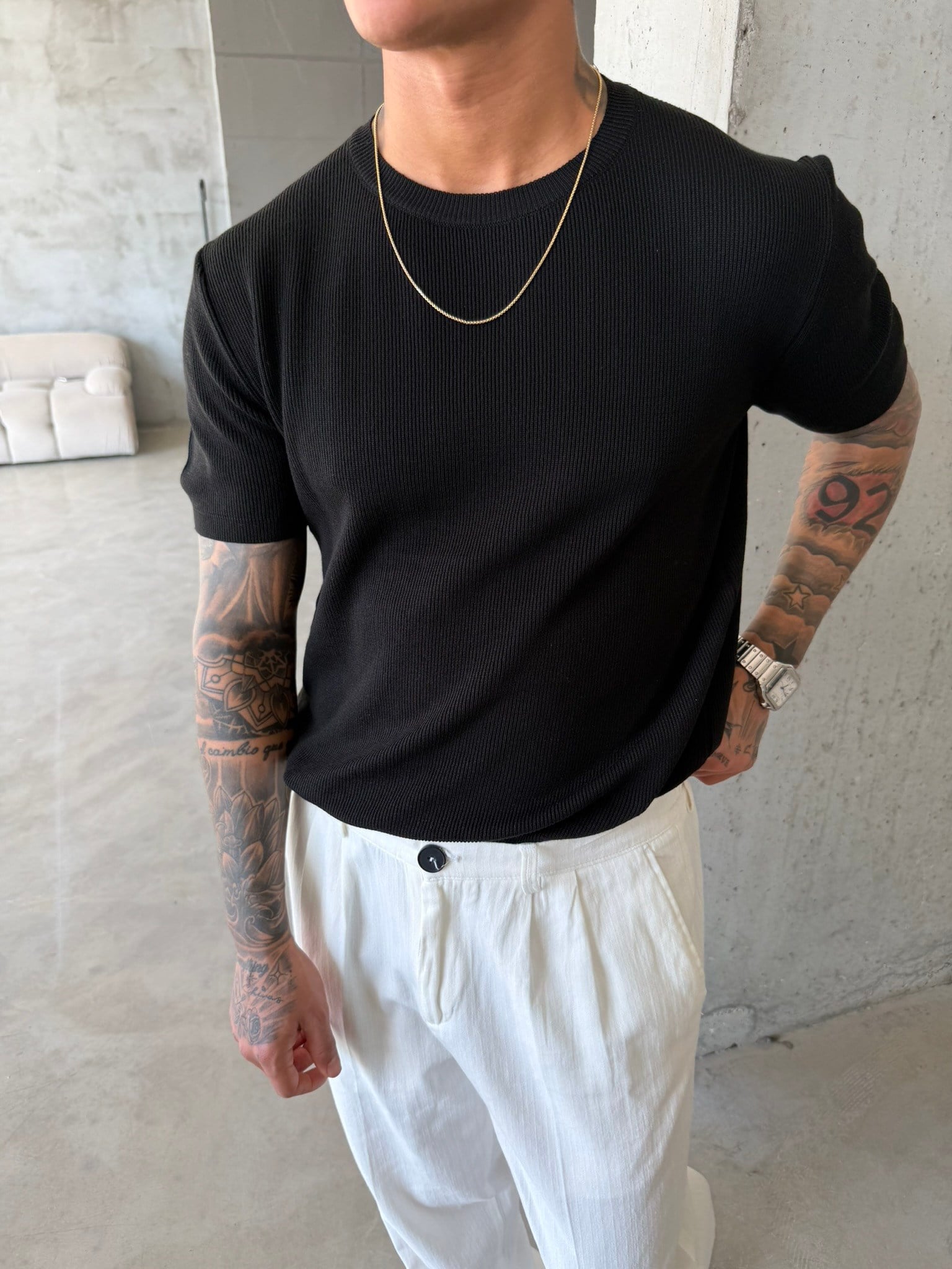 Basic Fitilli Polo Yaka - Siyah