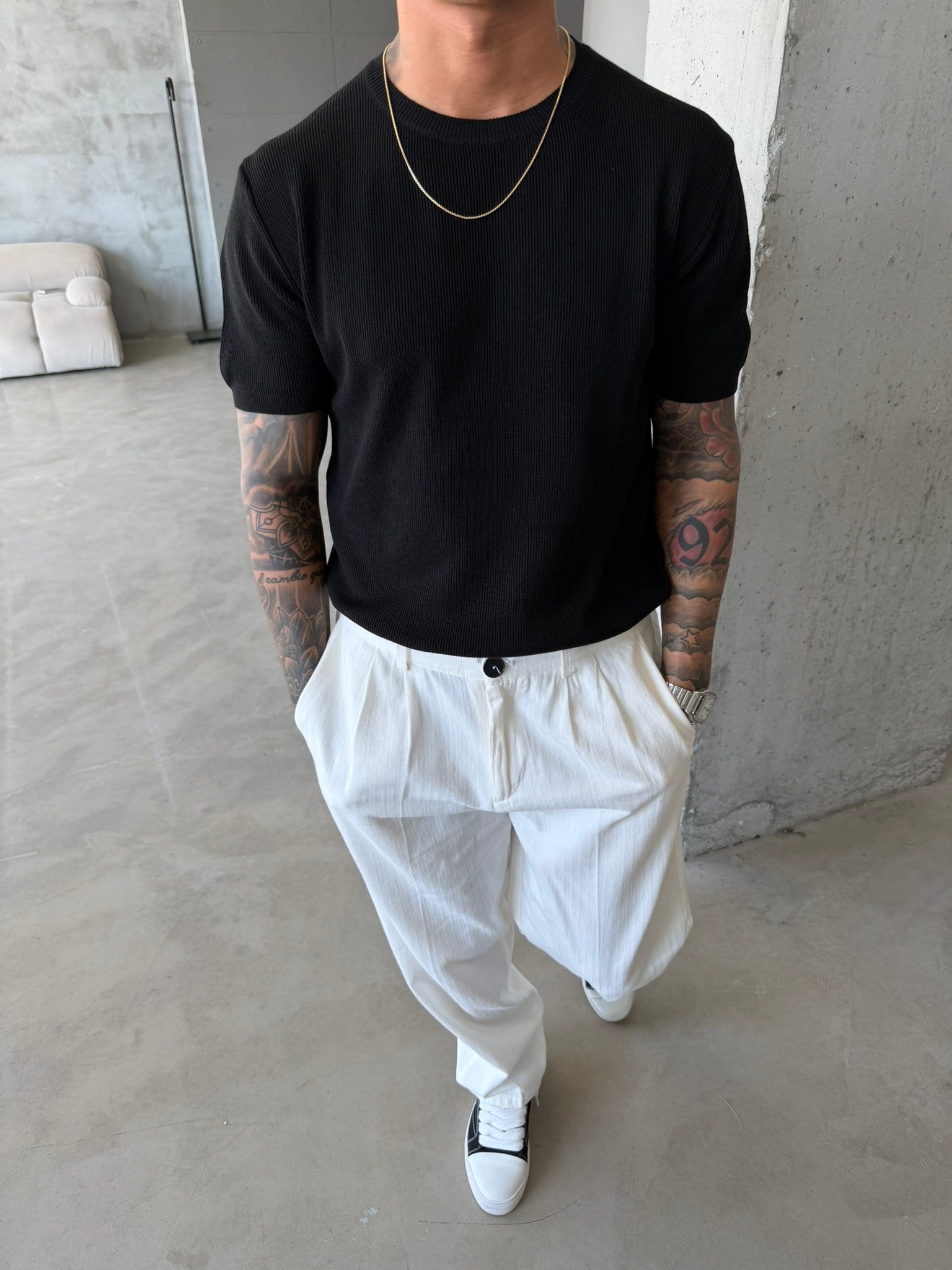 Basic Fitilli Polo Yaka - Siyah