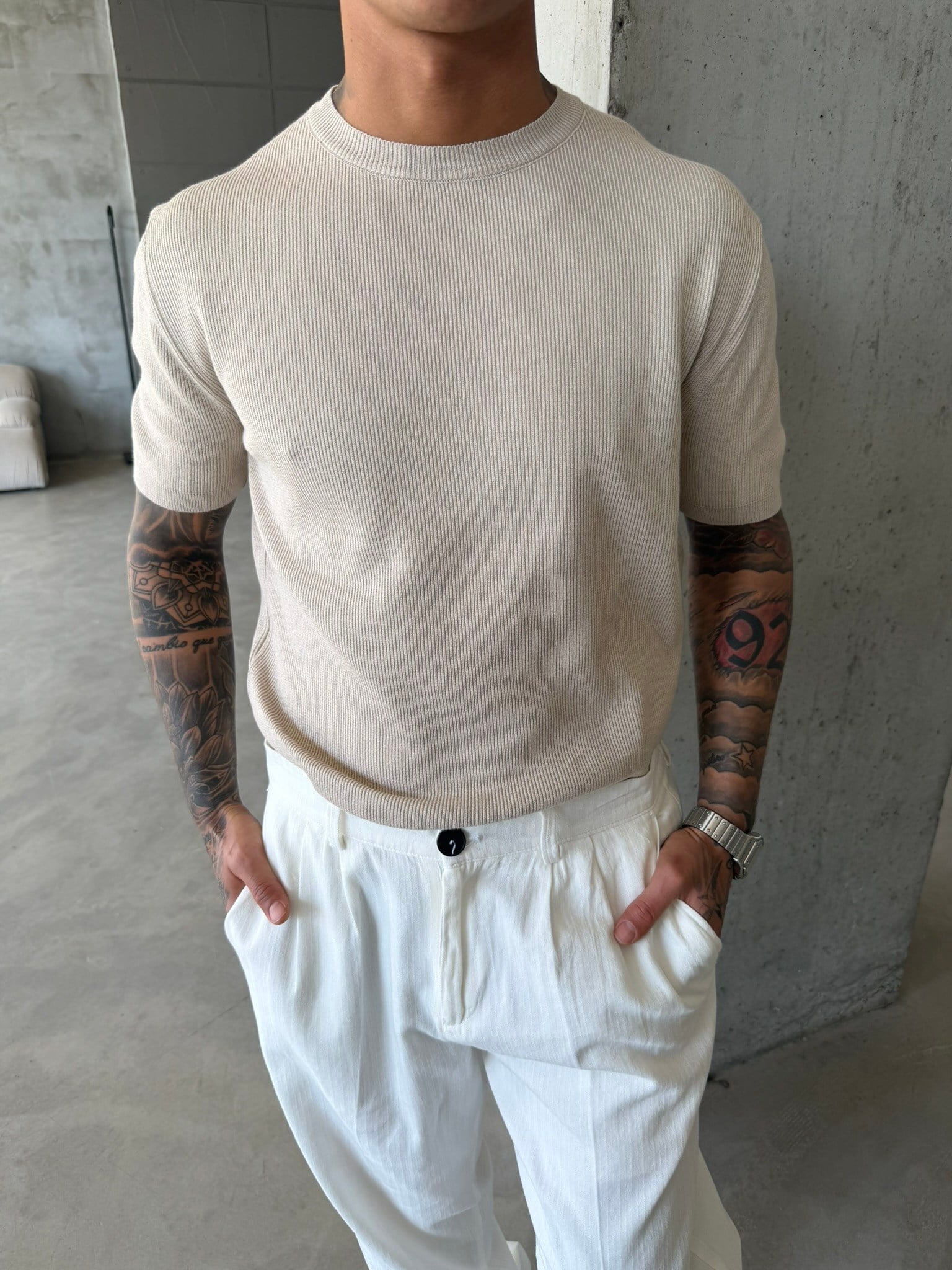Basic Fitilli Polo Yaka - Taş