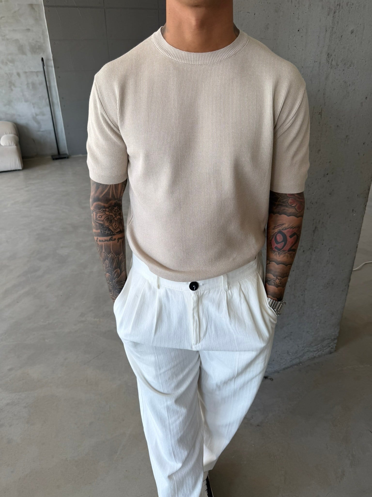 Basic Fitilli Polo Yaka - Taş