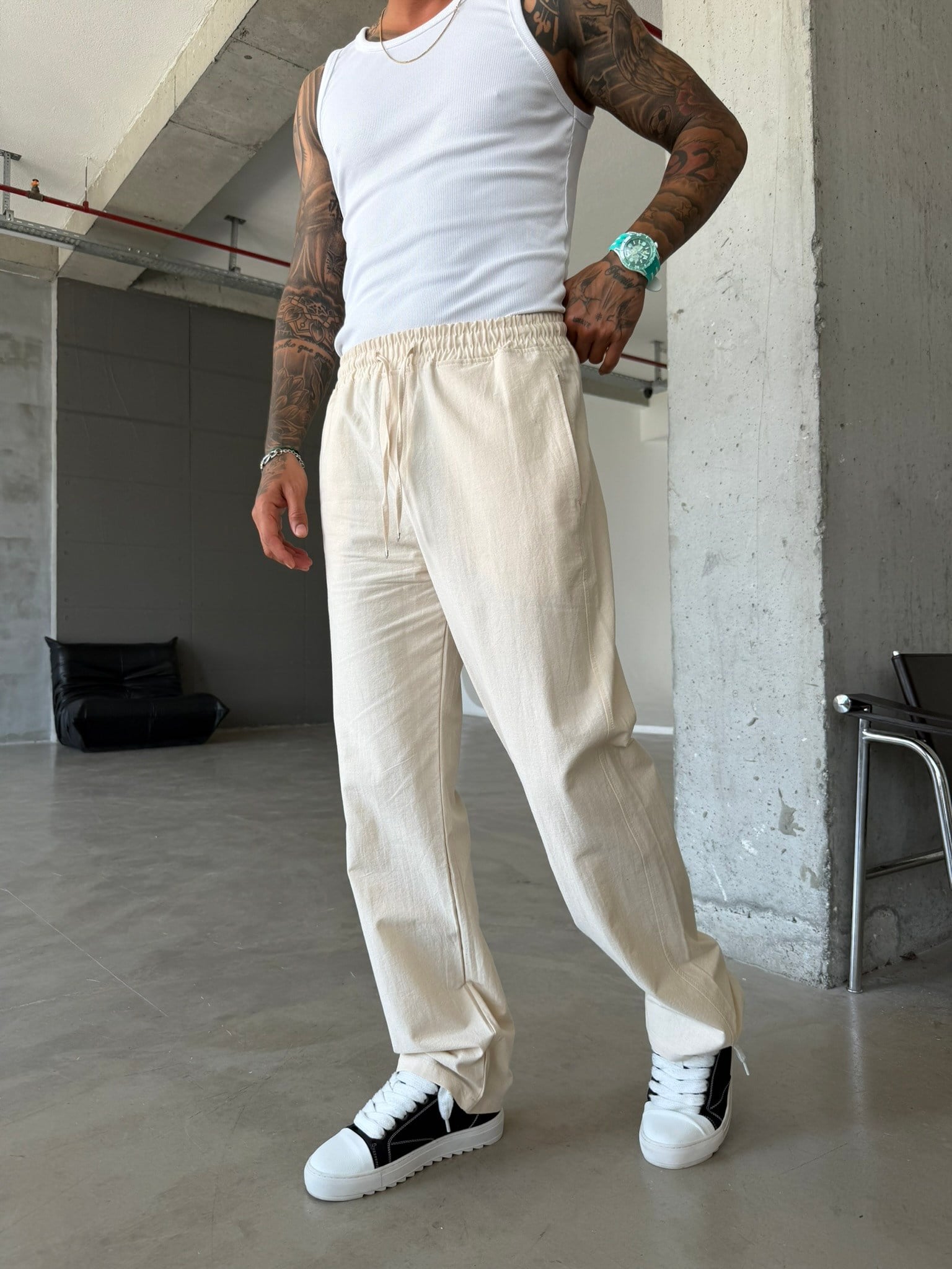 Basic Keten Pantolon - Bej