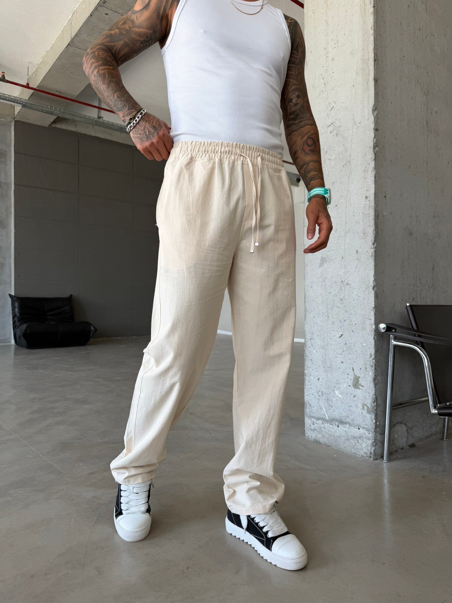 Basic Keten Pantolon - Bej