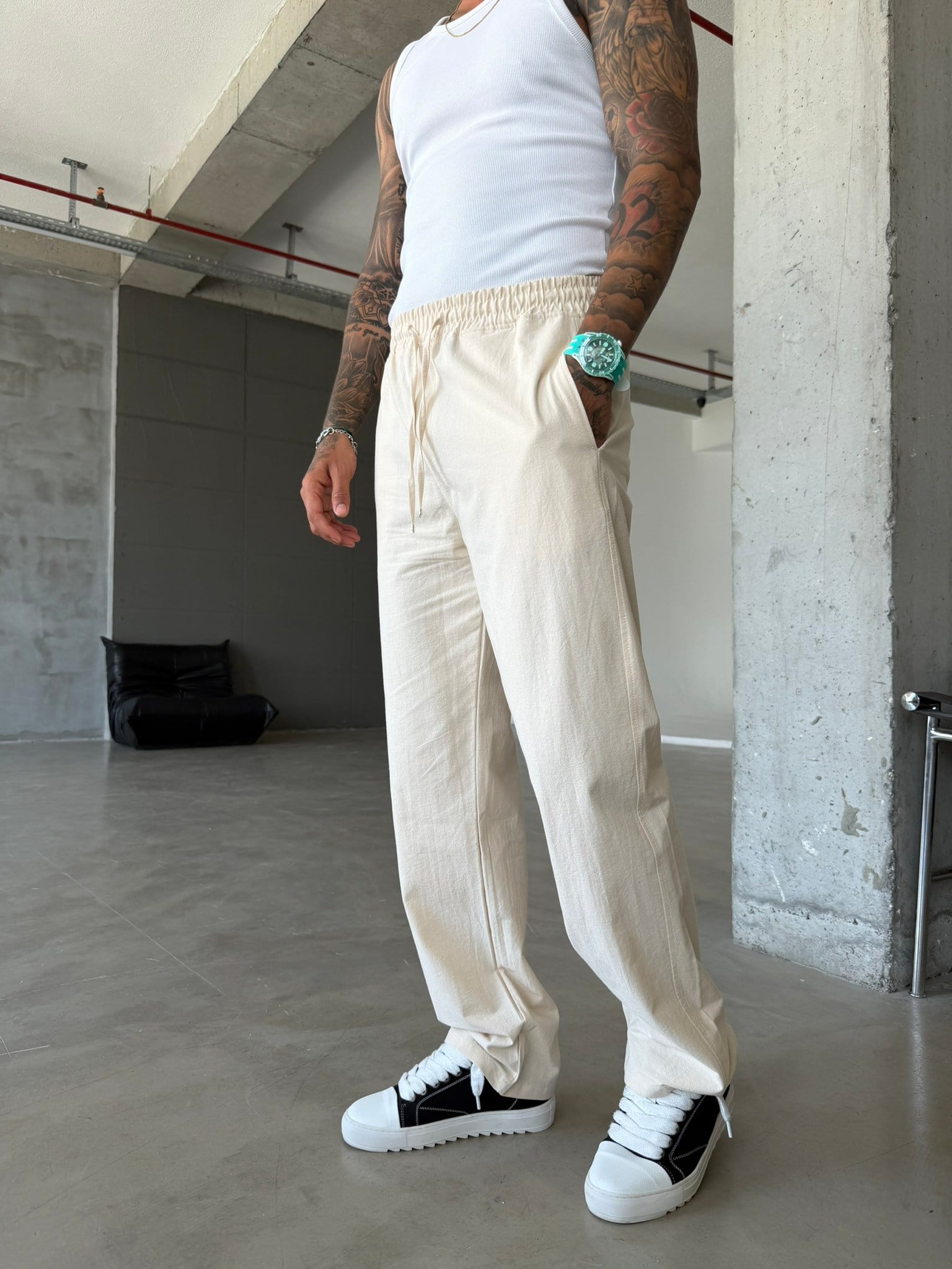 Basic Keten Pantolon - Bej