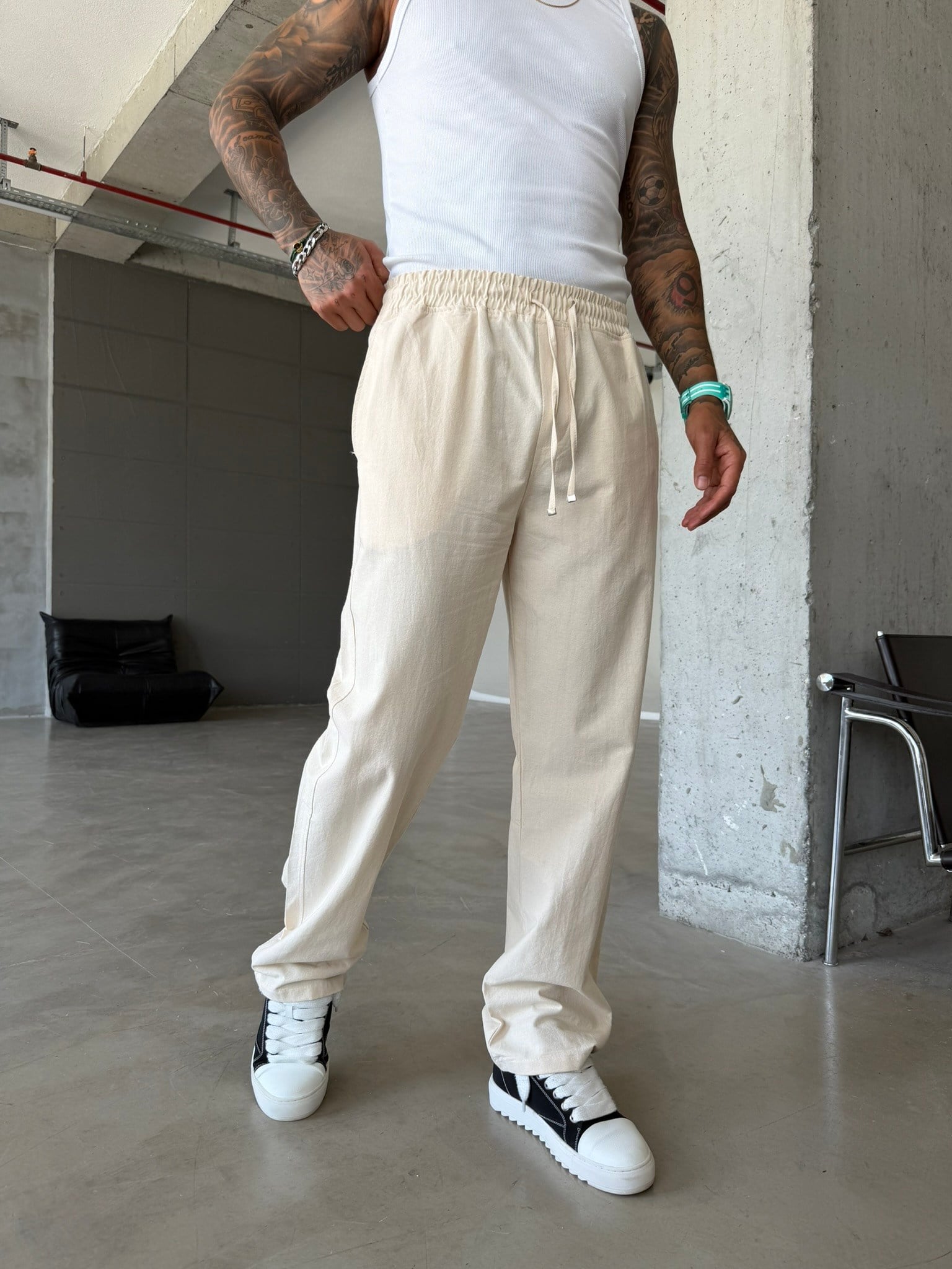 Basic Keten Pantolon - Bej