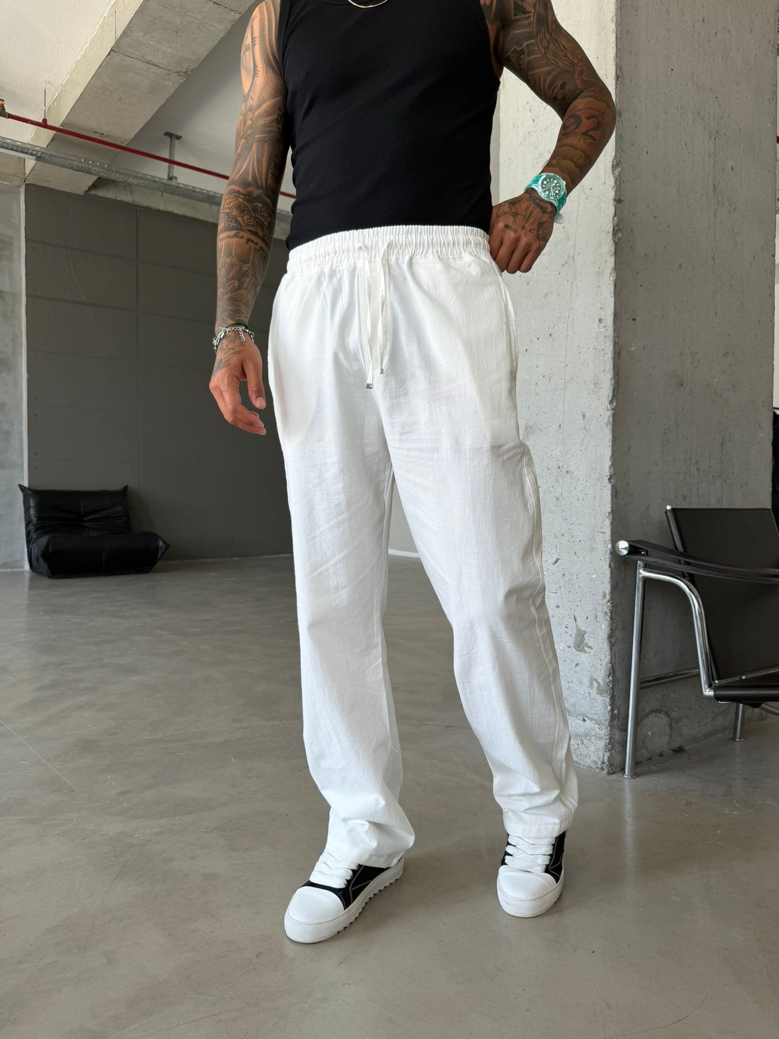 Basic Keten Pantolon - Beyaz
