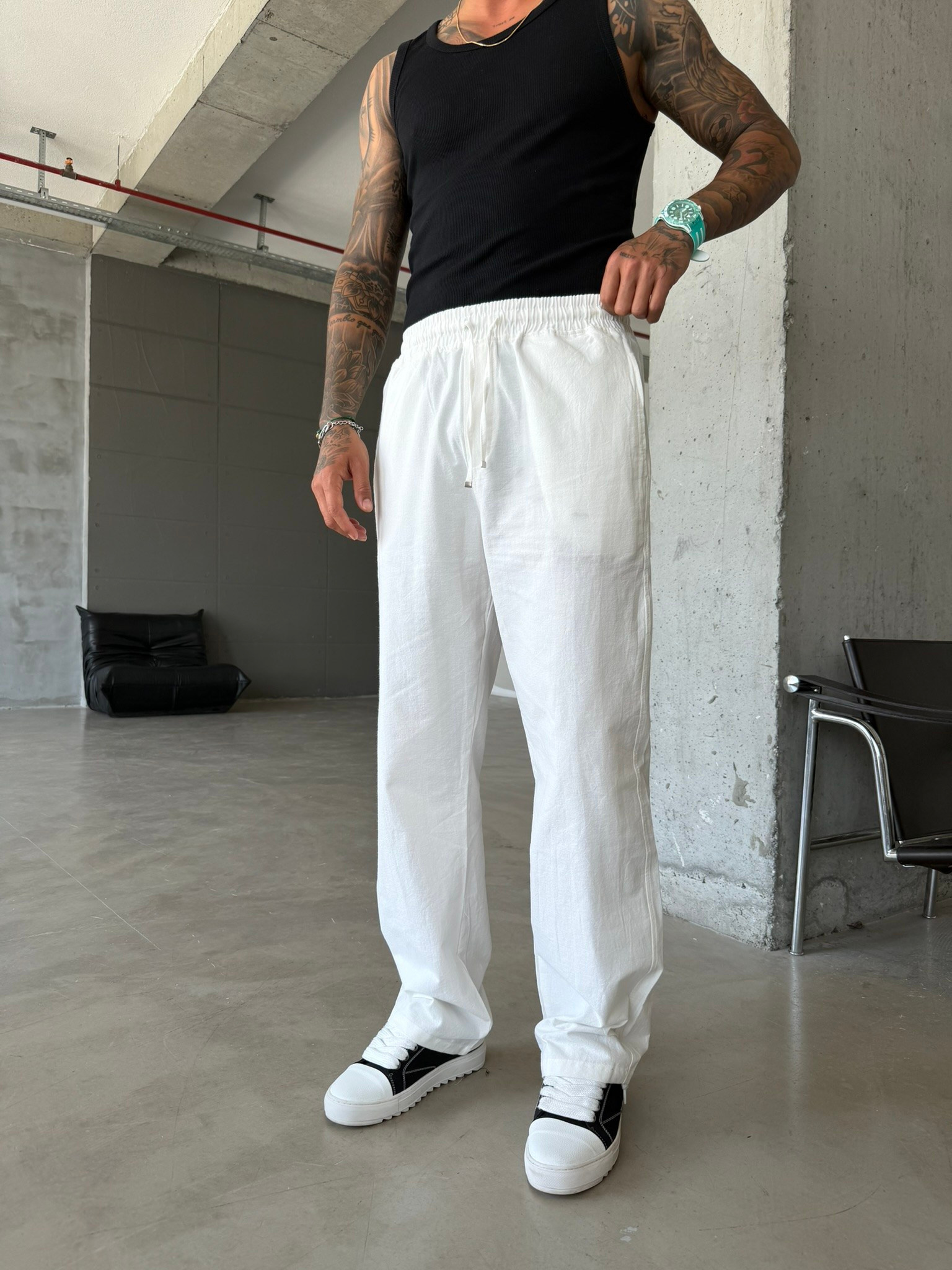 Basic Keten Pantolon - Beyaz