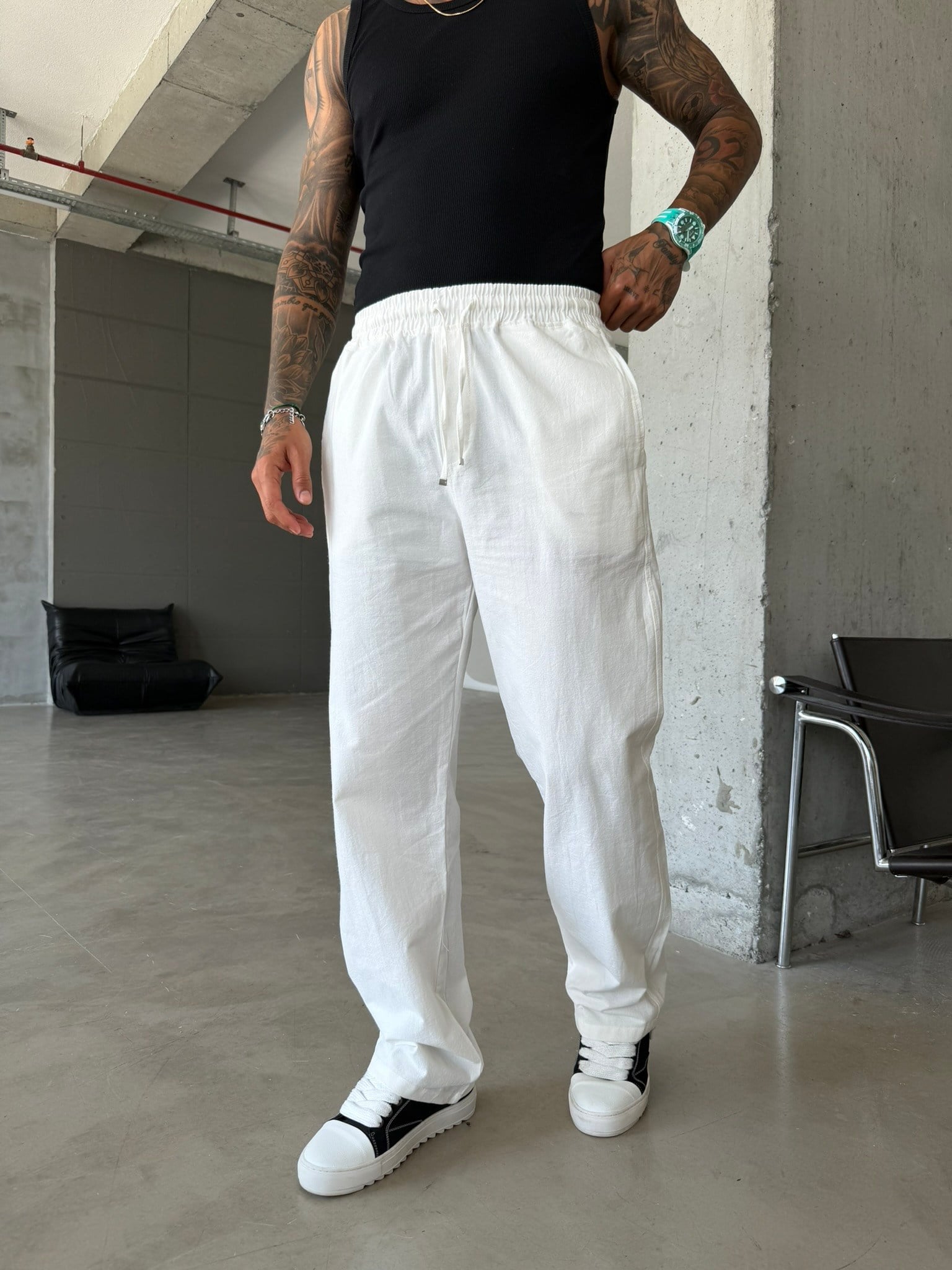 Basic Keten Pantolon - Beyaz