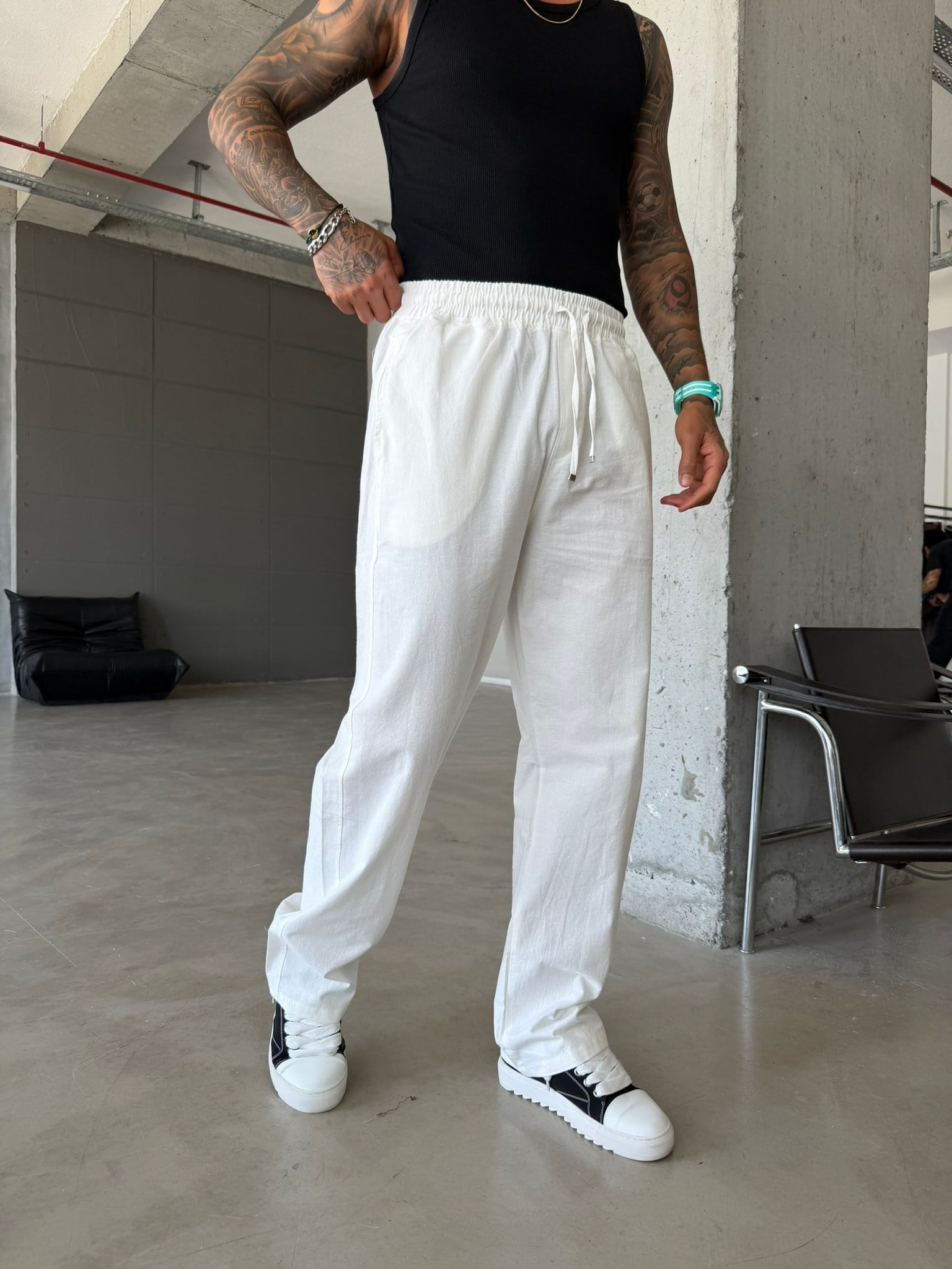 Basic Keten Pantolon - Beyaz