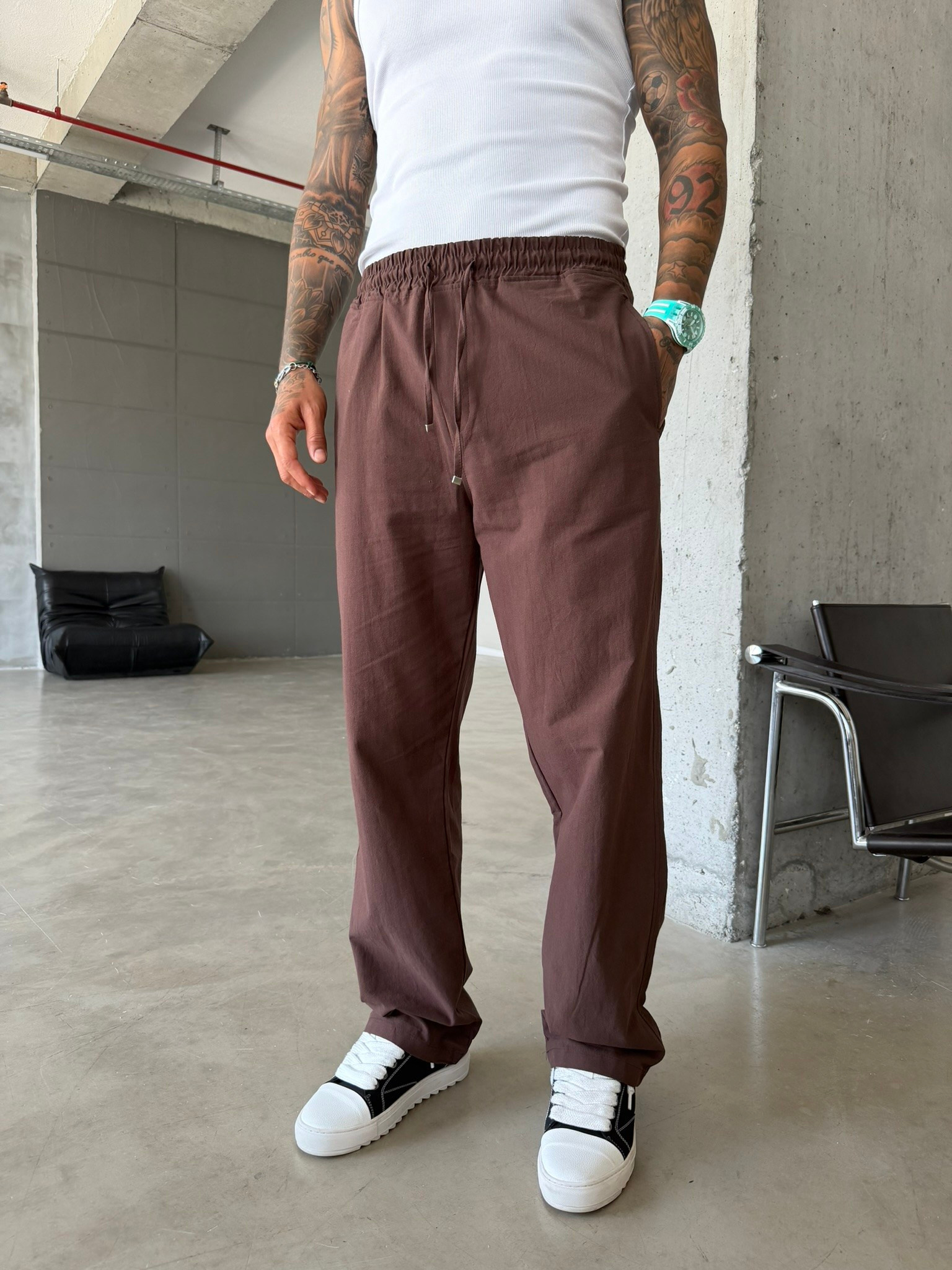 Basic Keten Pantolon - Kahve