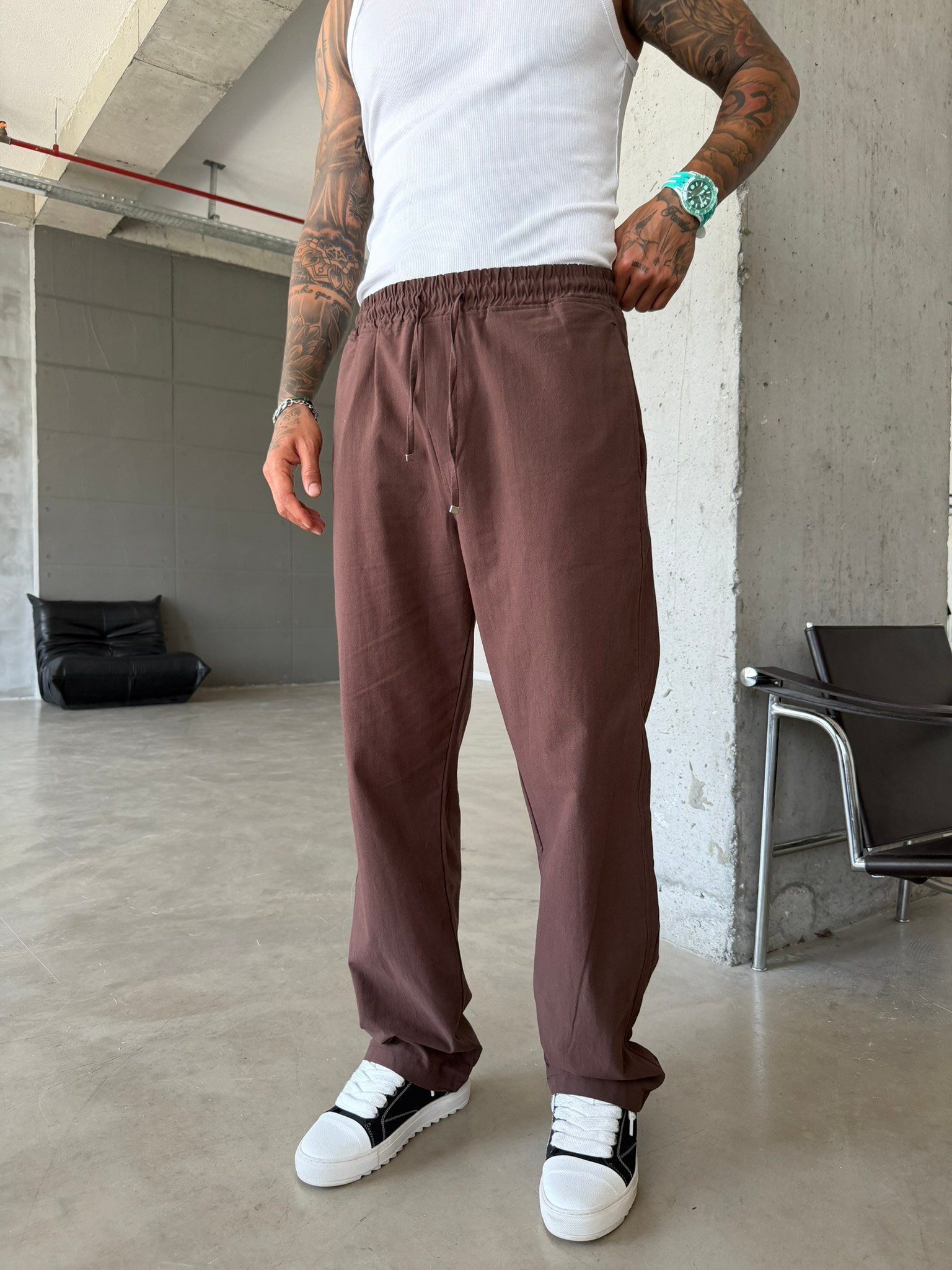 Basic Keten Pantolon - Kahve