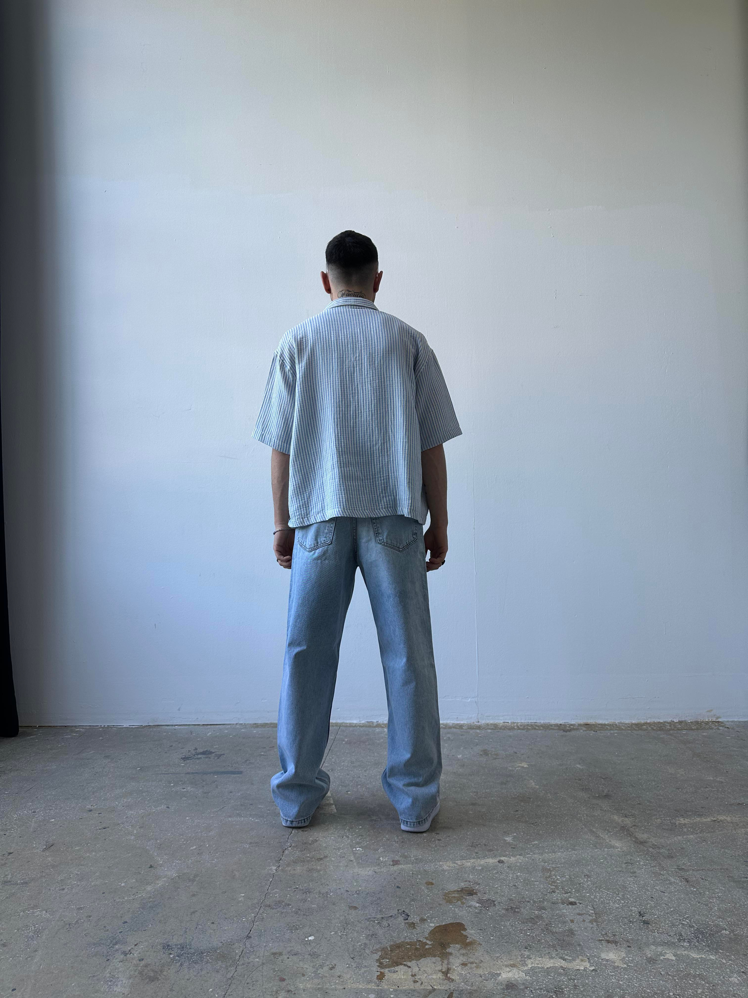 Basic Mavi Beyaz Cizgili Gömlek Oversize Mavi
