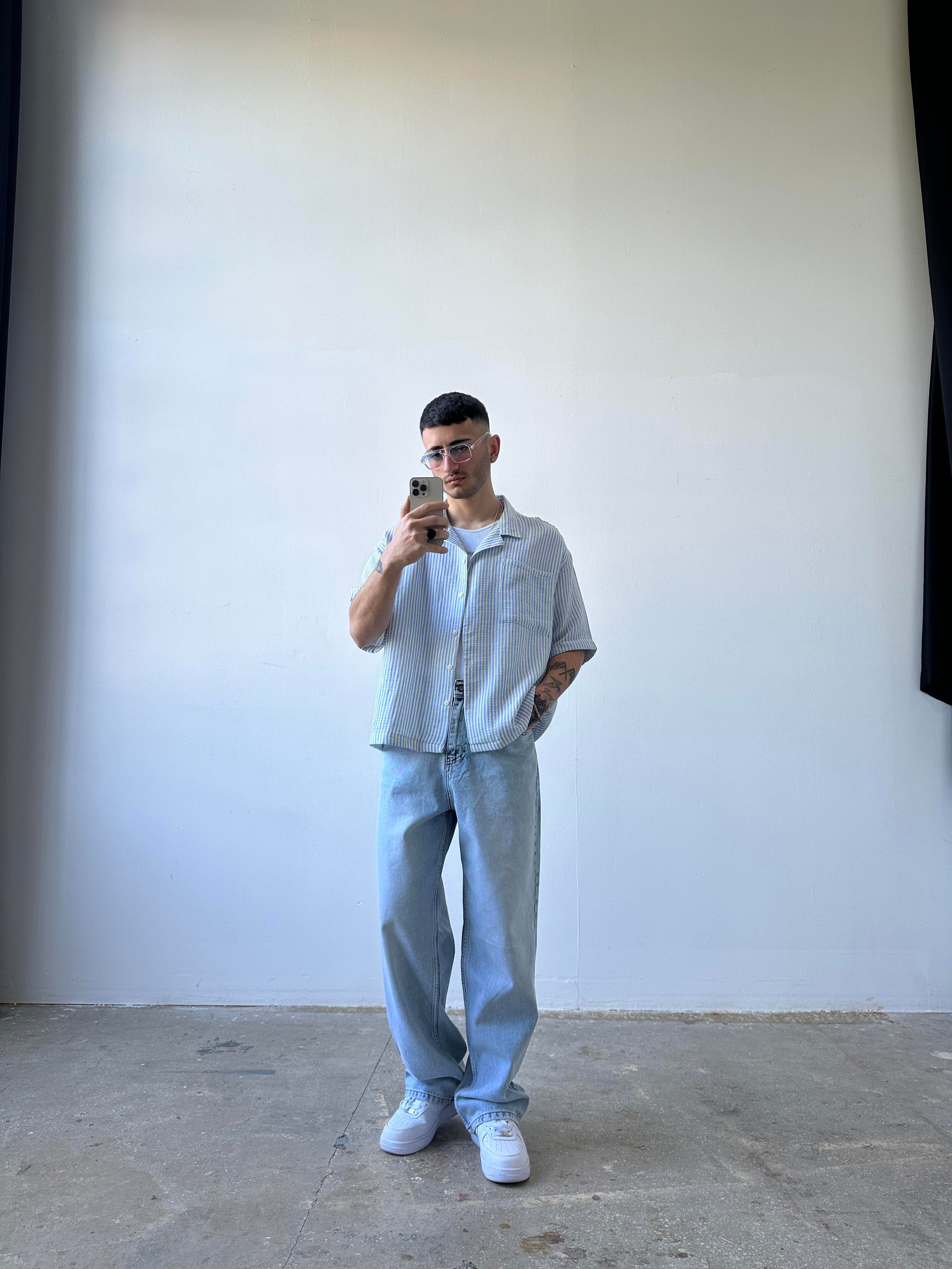 Basic Mavi Beyaz Cizgili Gömlek Oversize Mavi