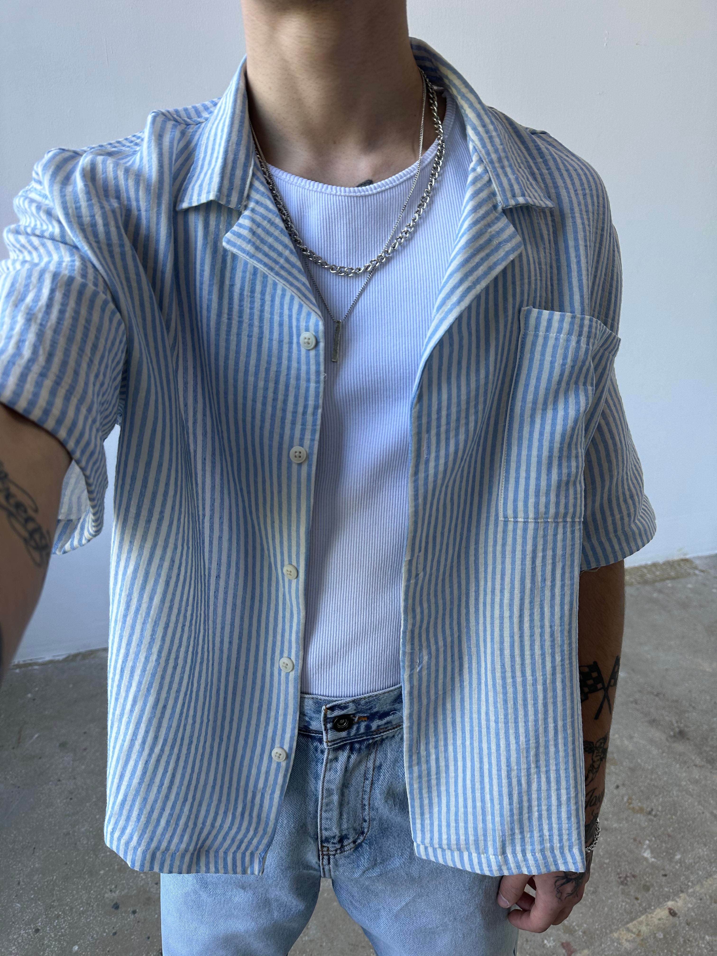 Basic Mavi Beyaz Cizgili Gömlek Oversize Mavi