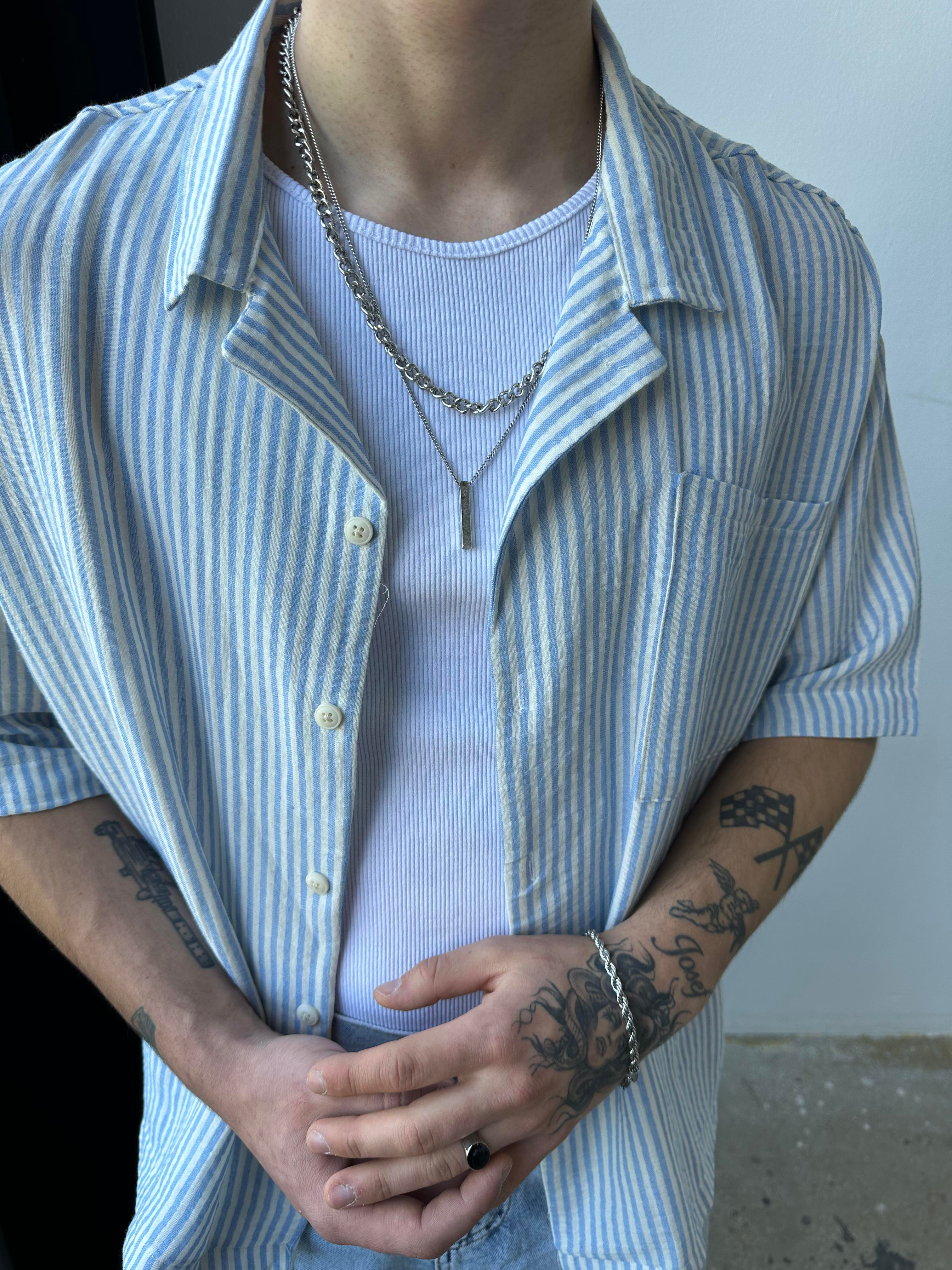 Basic Mavi Beyaz Cizgili Gömlek Oversize Mavi
