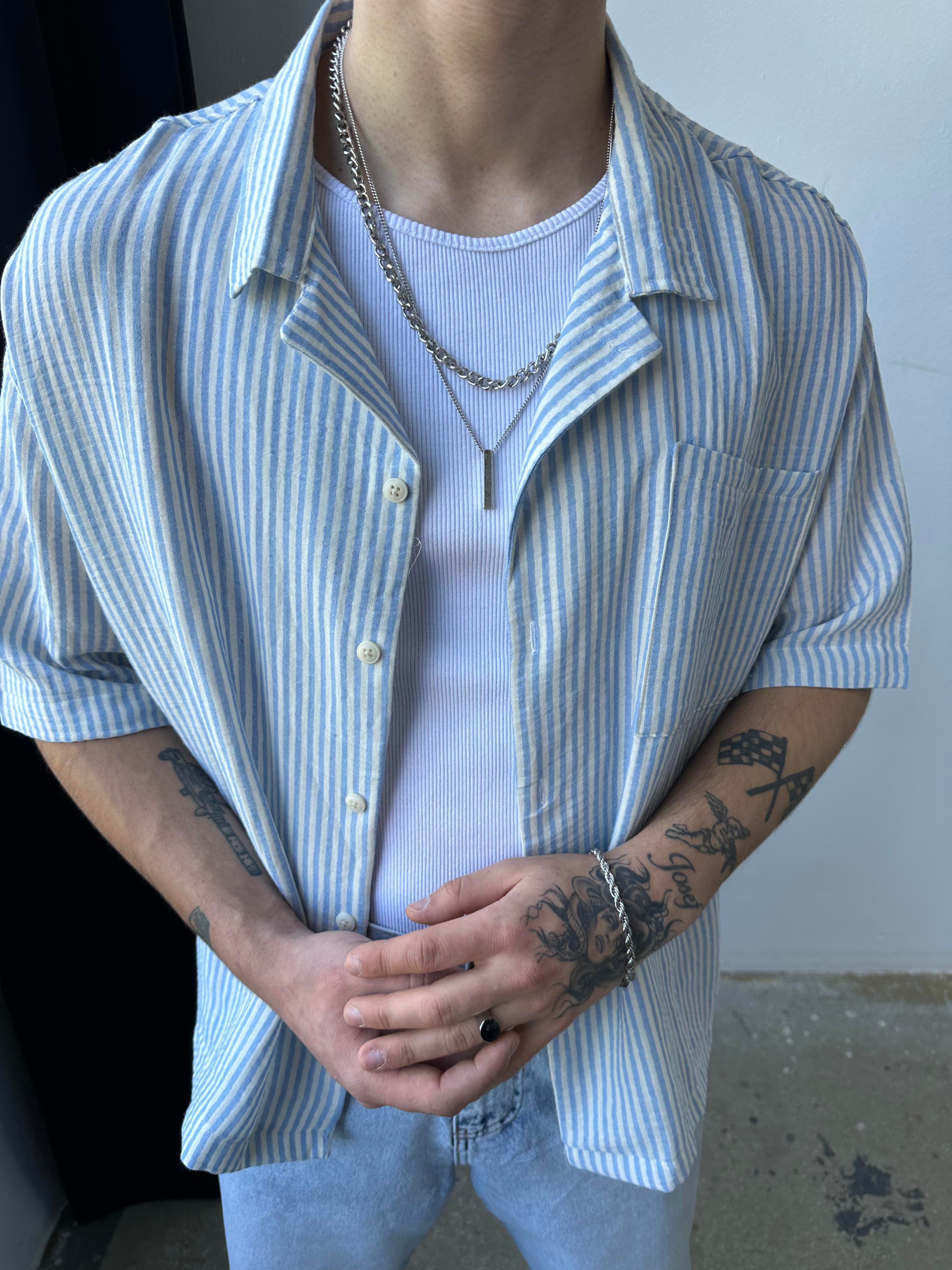 Basic Mavi Beyaz Cizgili Gömlek Oversize Mavi