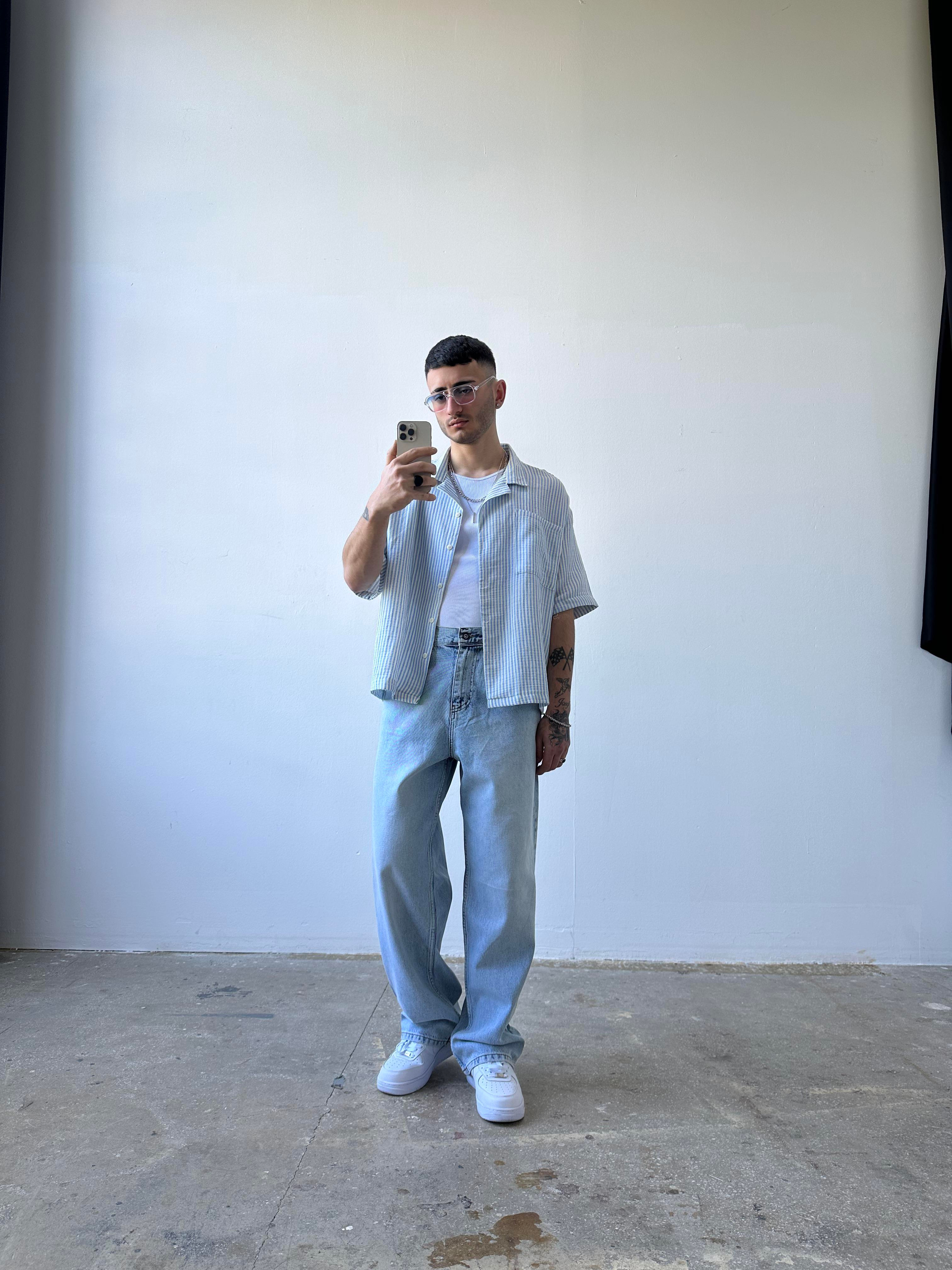Basic Mavi Beyaz Cizgili Gömlek Oversize Mavi
