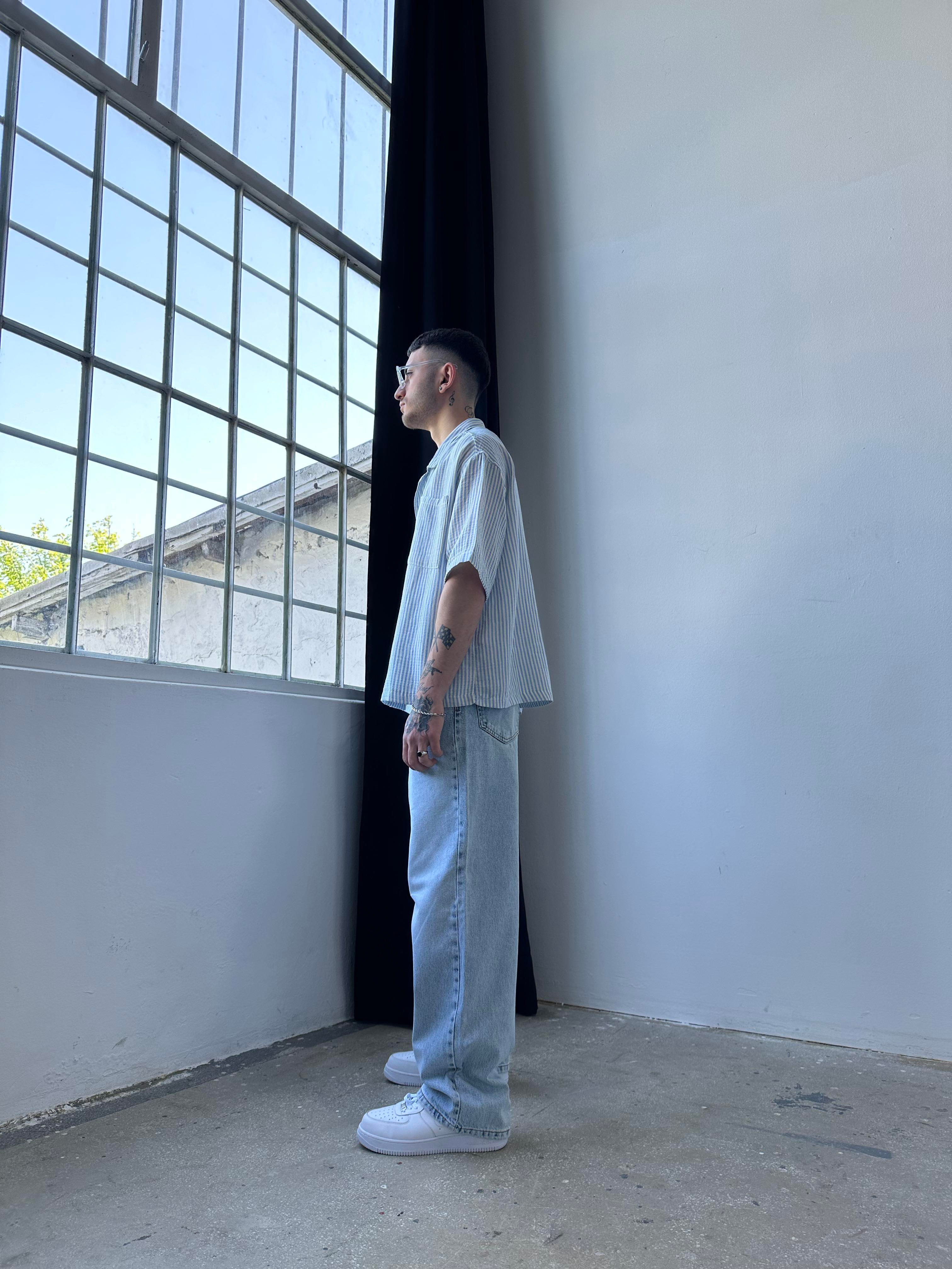Basic Mavi Beyaz Cizgili Gömlek Oversize Mavi