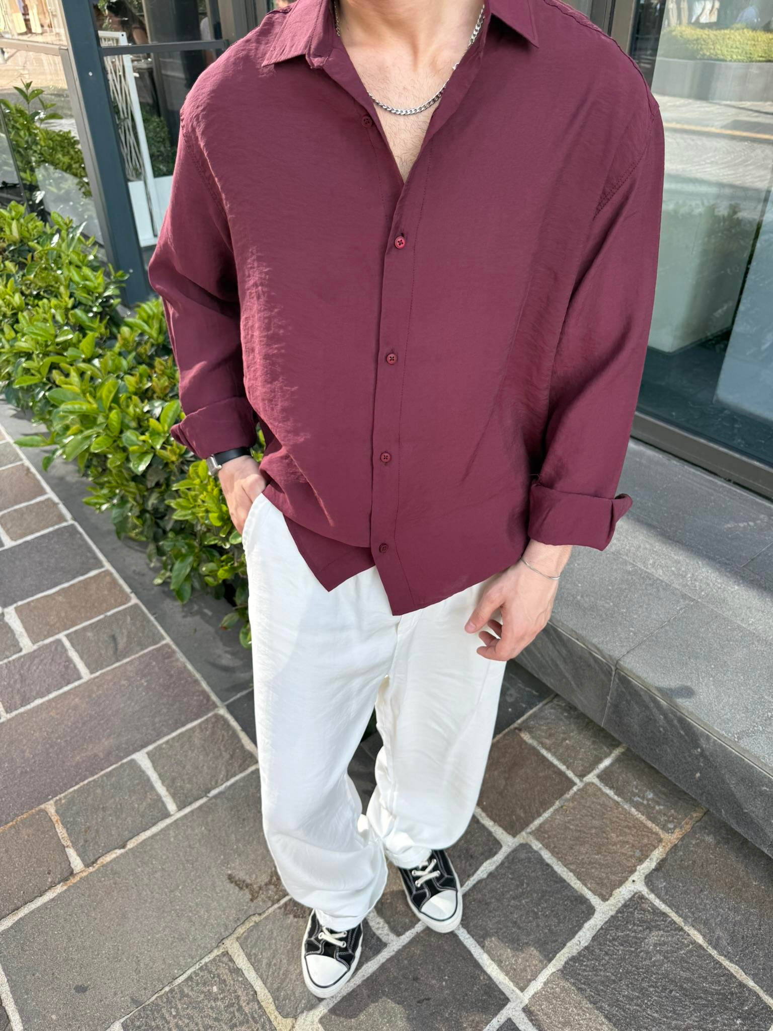 Basic Modal Kumaş Gömlek  - Bordo