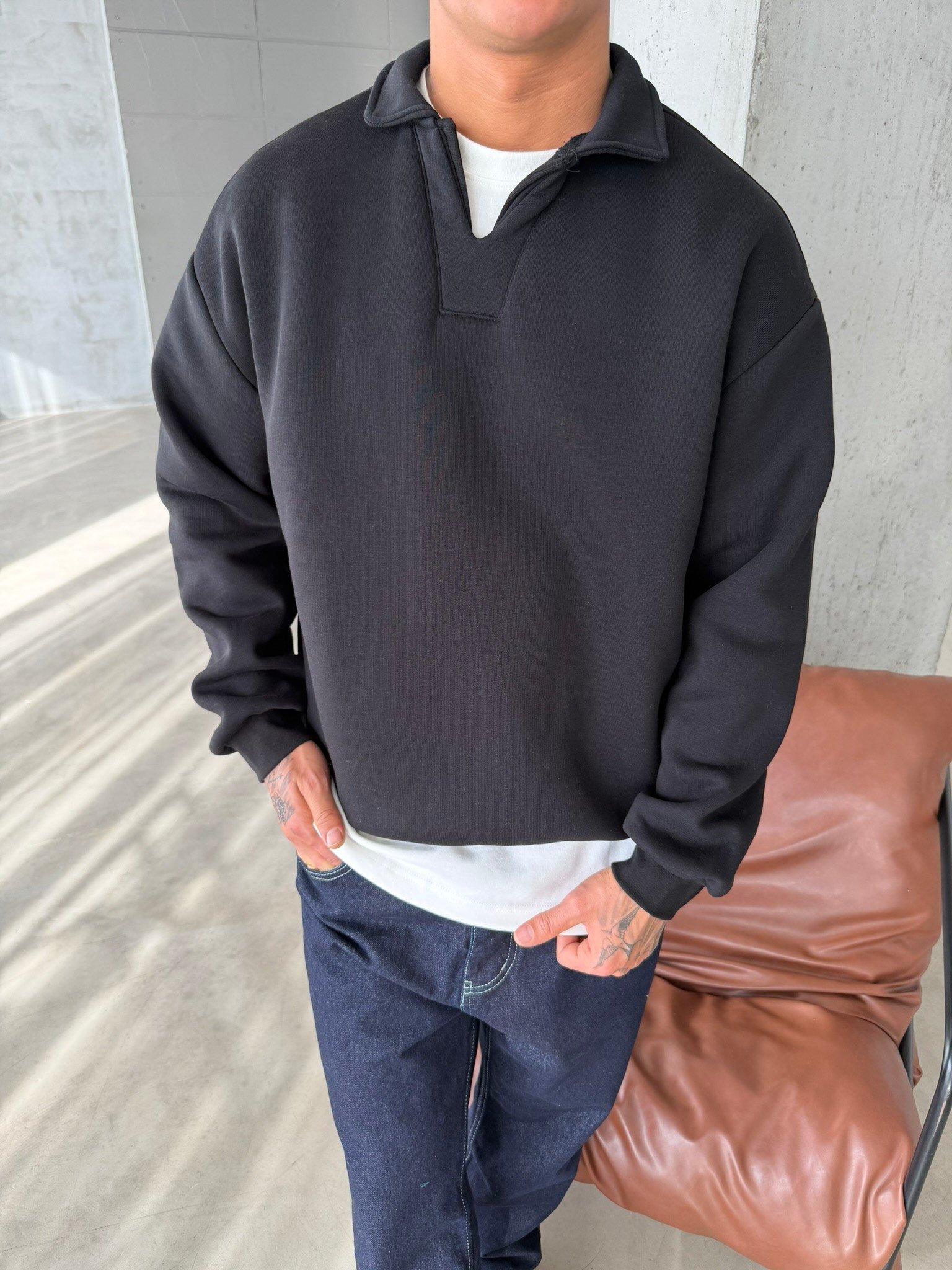Basic  Pat Yaka Polo Sweat - Siyah