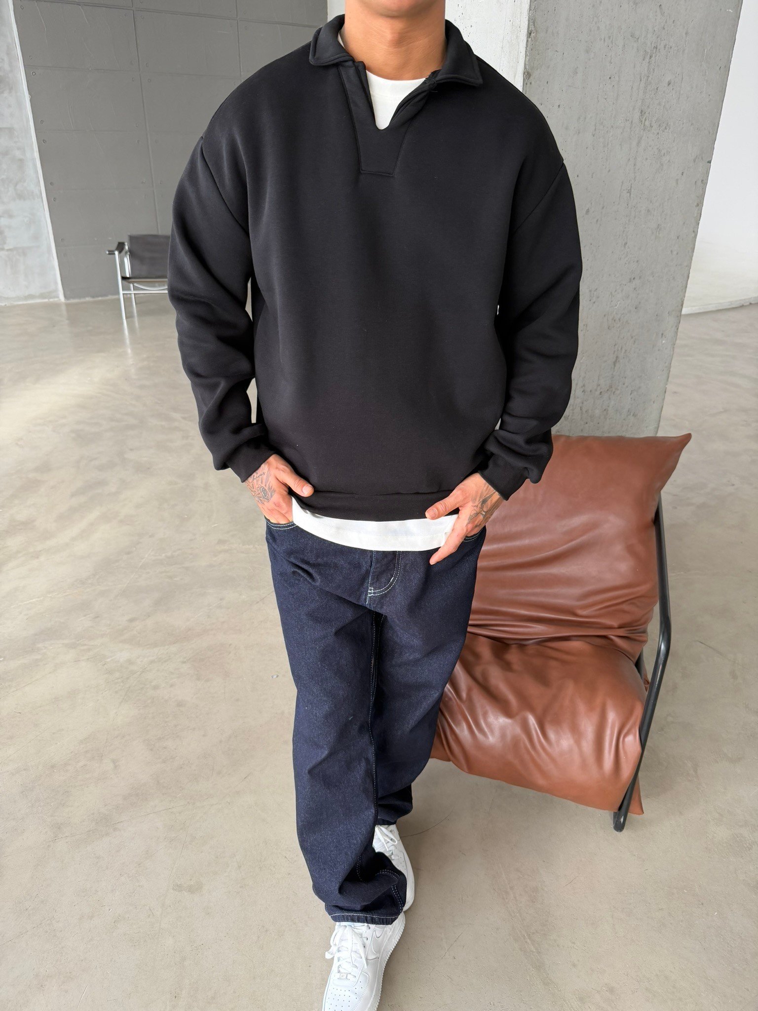 Basic  Pat Yaka Polo Sweat - Siyah