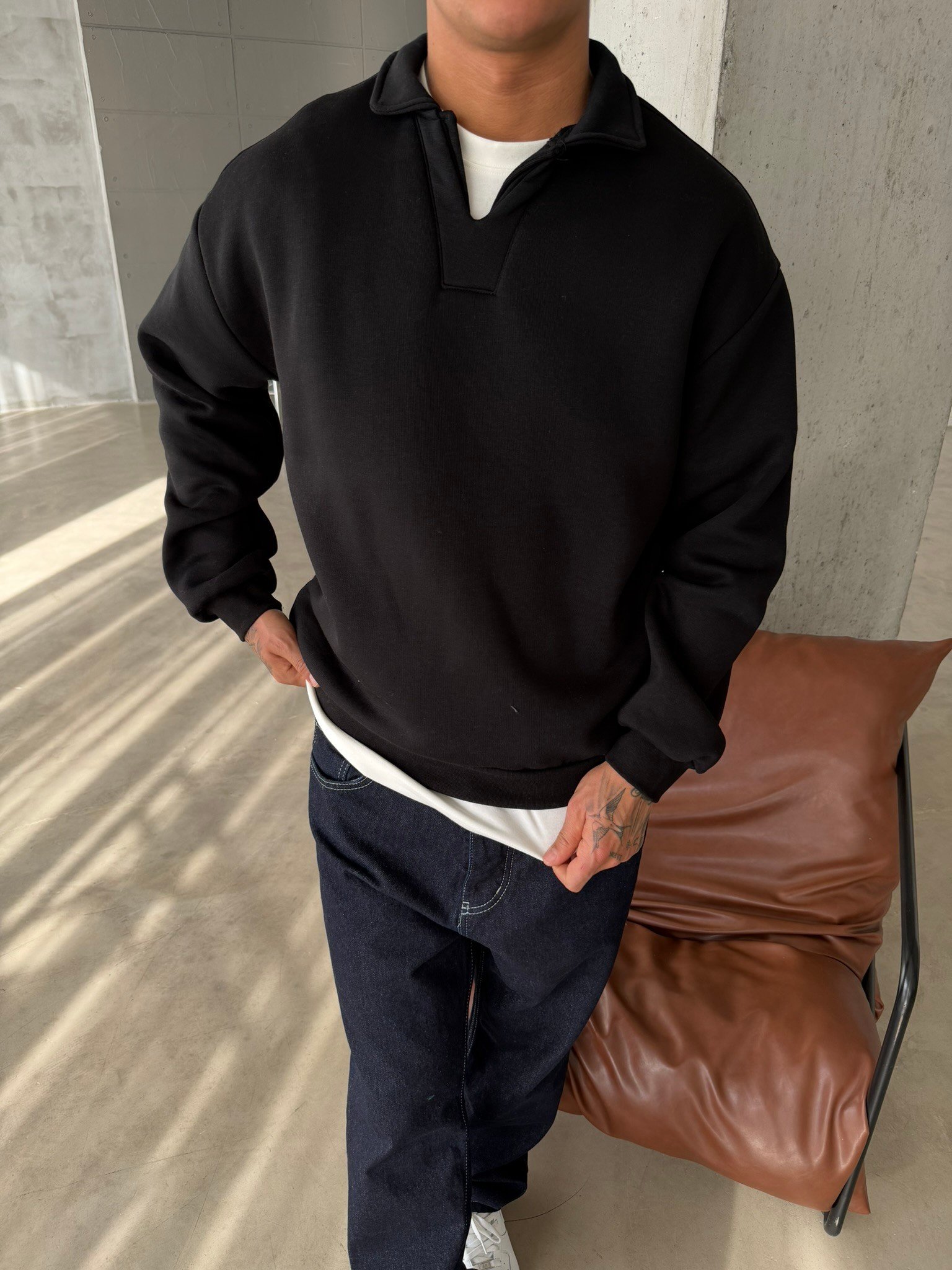 Basic  Pat Yaka Polo Sweat - Siyah