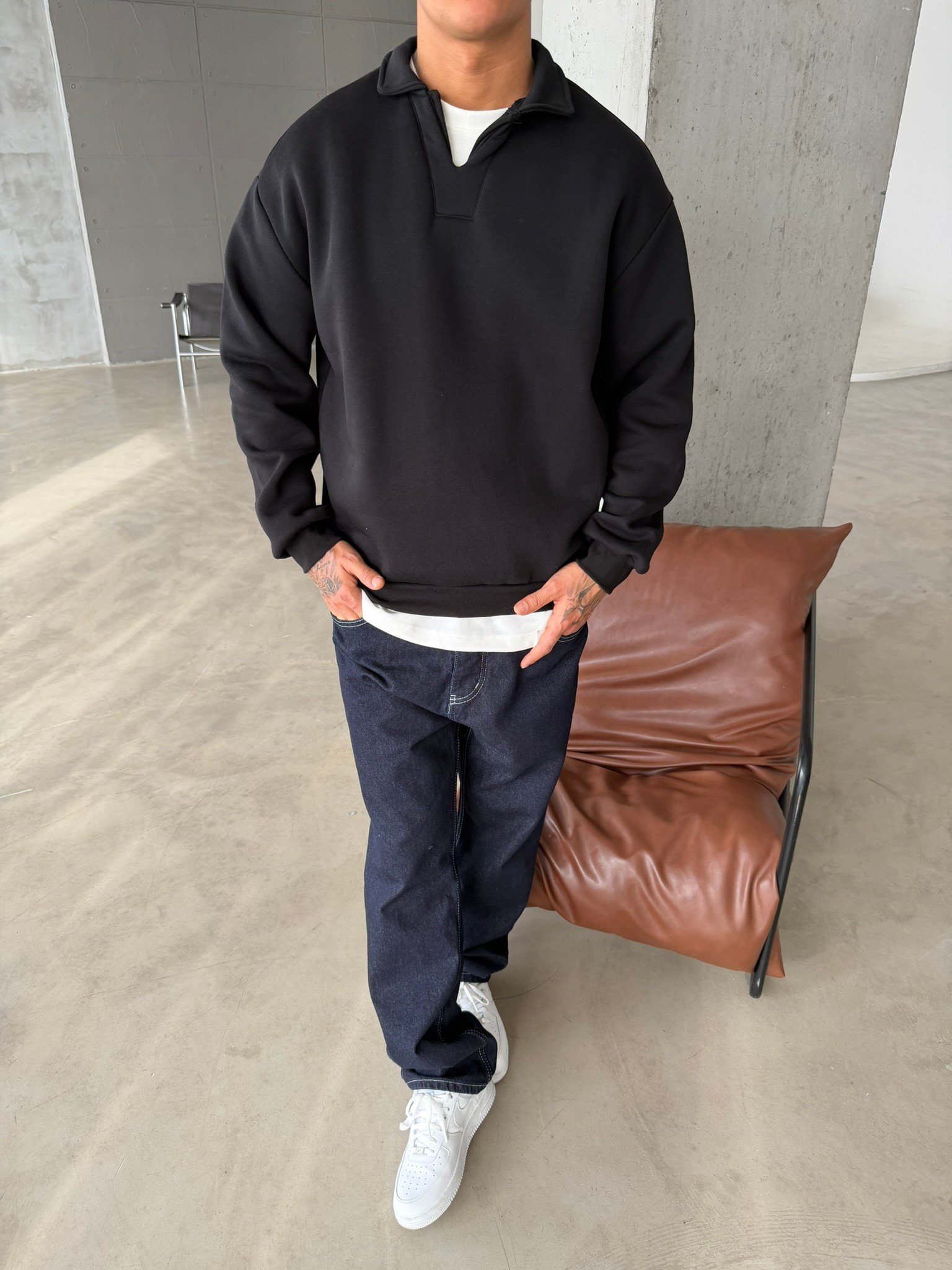 Basic  Pat Yaka Polo Sweat - Siyah