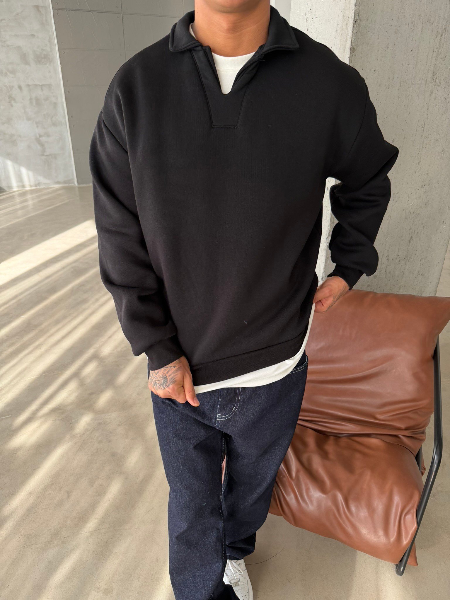 Basic  Pat Yaka Polo Sweat - Siyah