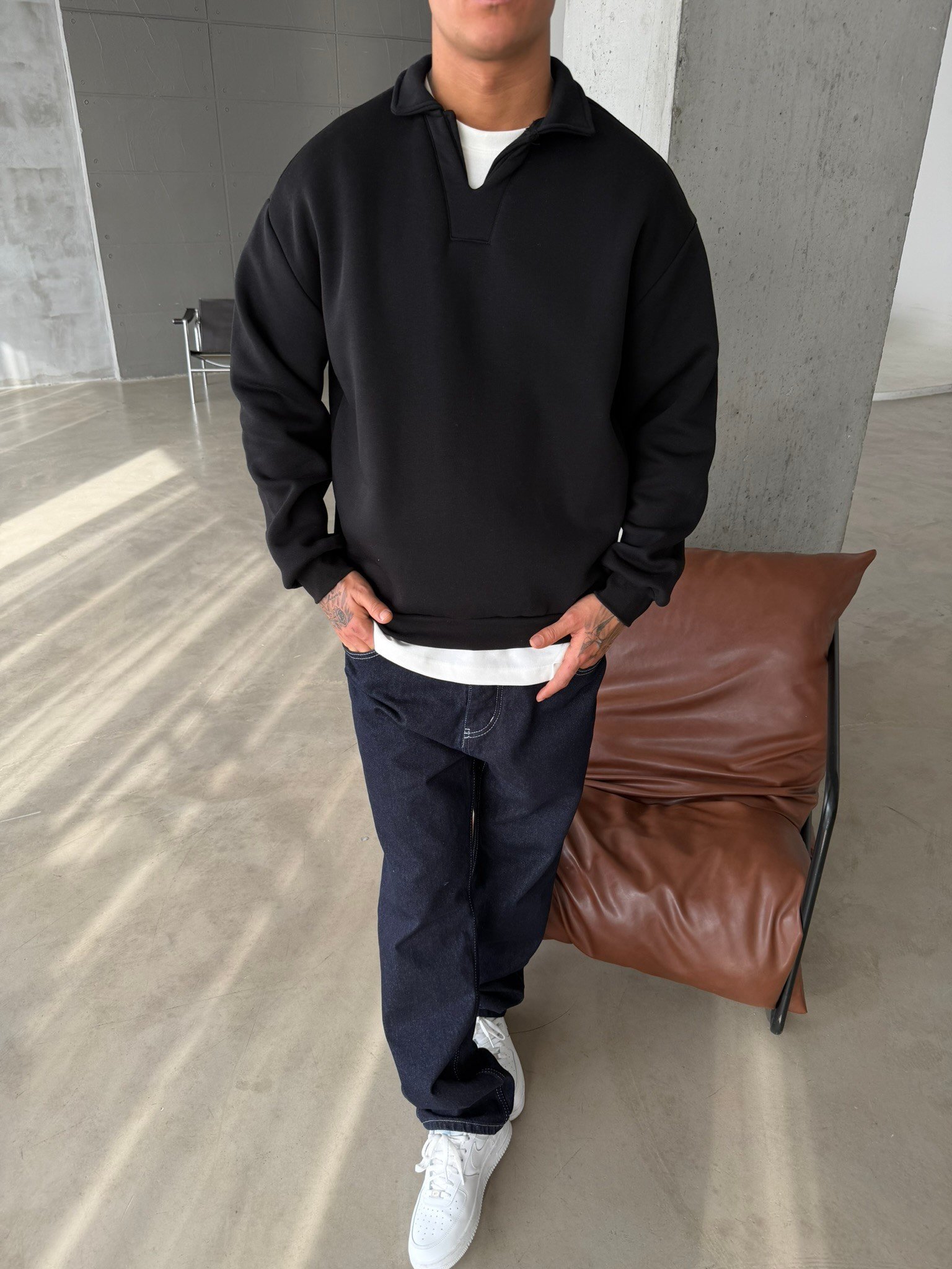 Basic  Pat Yaka Polo Sweat - Siyah