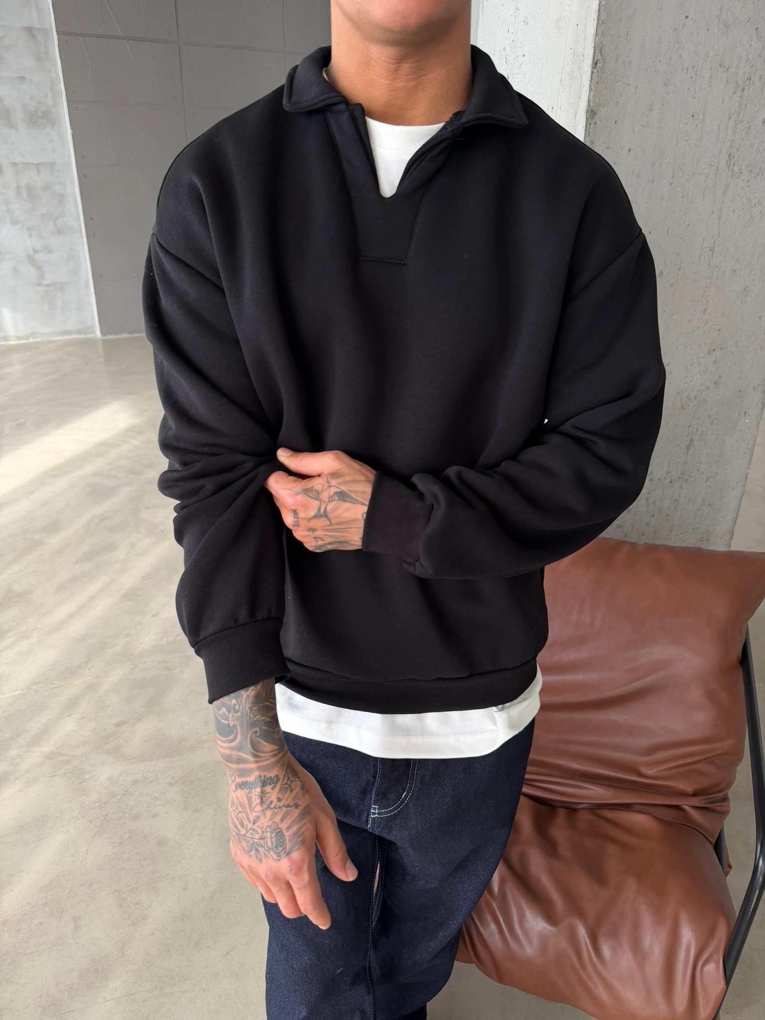 Basic  Pat Yaka Polo Sweat - Siyah