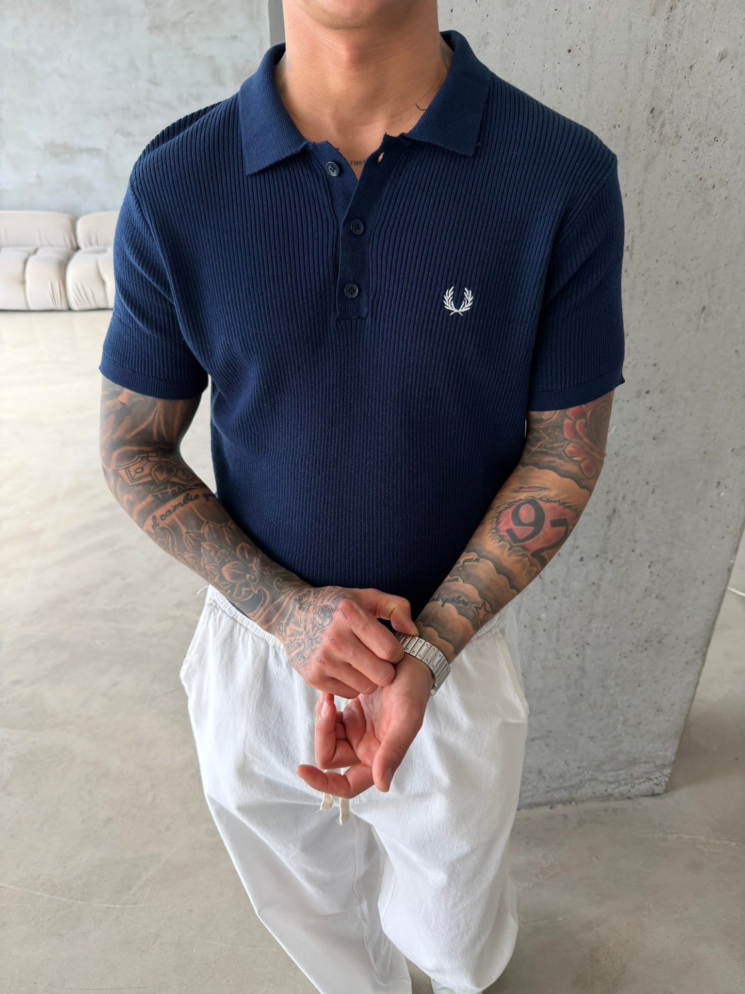 Basic Regular Nakışlı Düğmeli Yaka T-Shirt - Lacivert