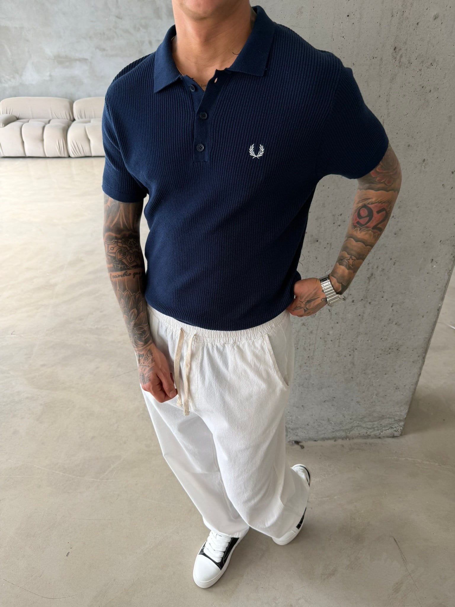 Basic Regular Nakışlı Düğmeli Yaka T-Shirt - Lacivert