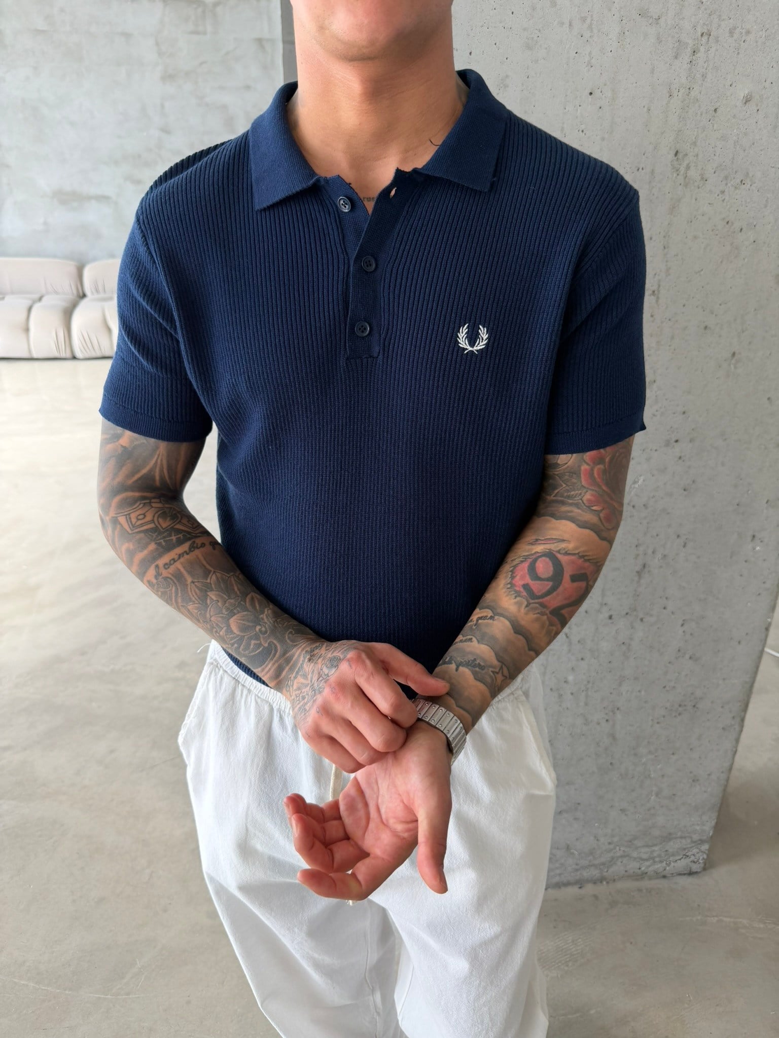 Basic Regular Nakışlı Düğmeli Yaka T-Shirt - Lacivert