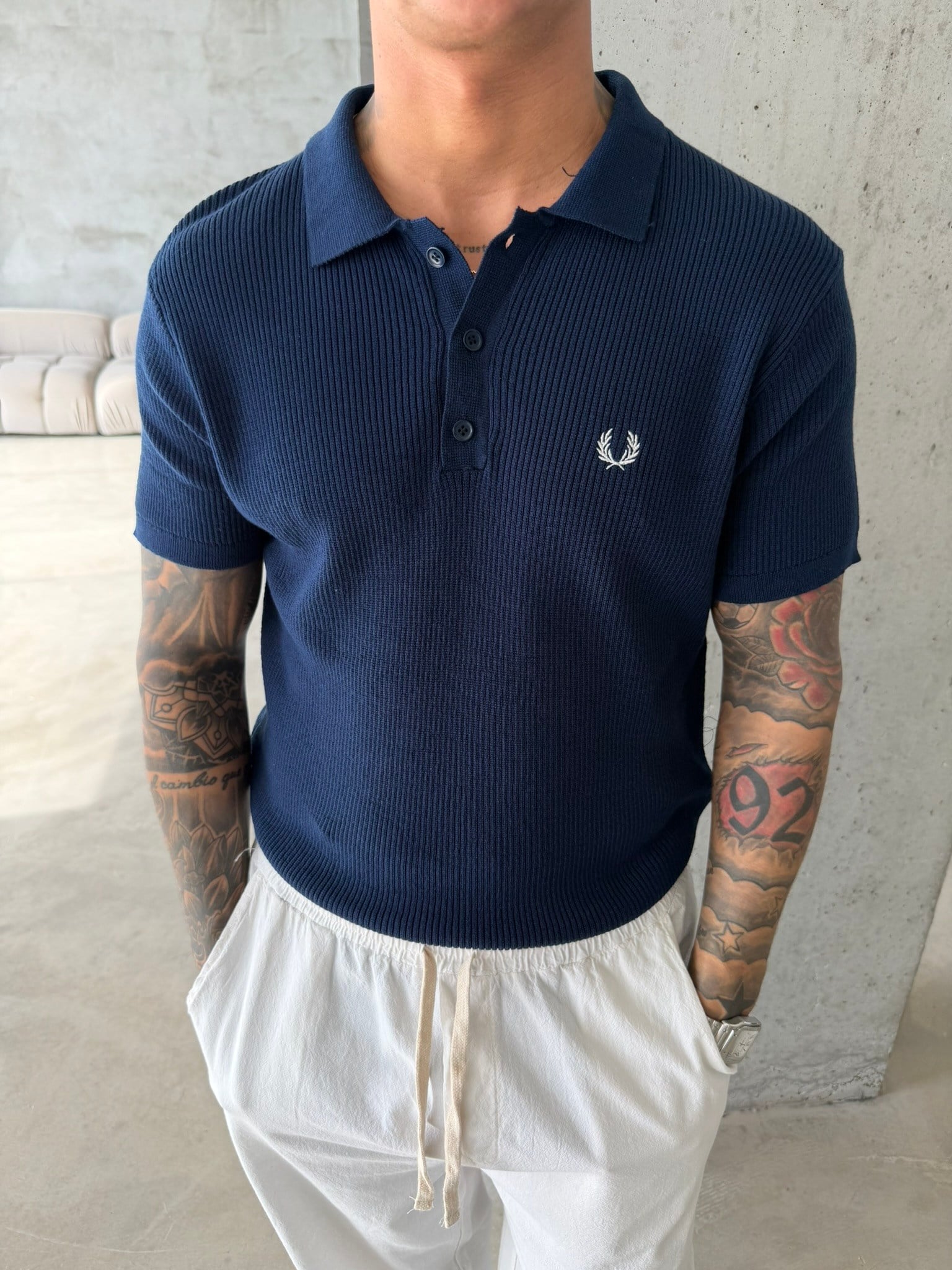 Basic Regular Nakışlı Düğmeli Yaka T-Shirt - Lacivert