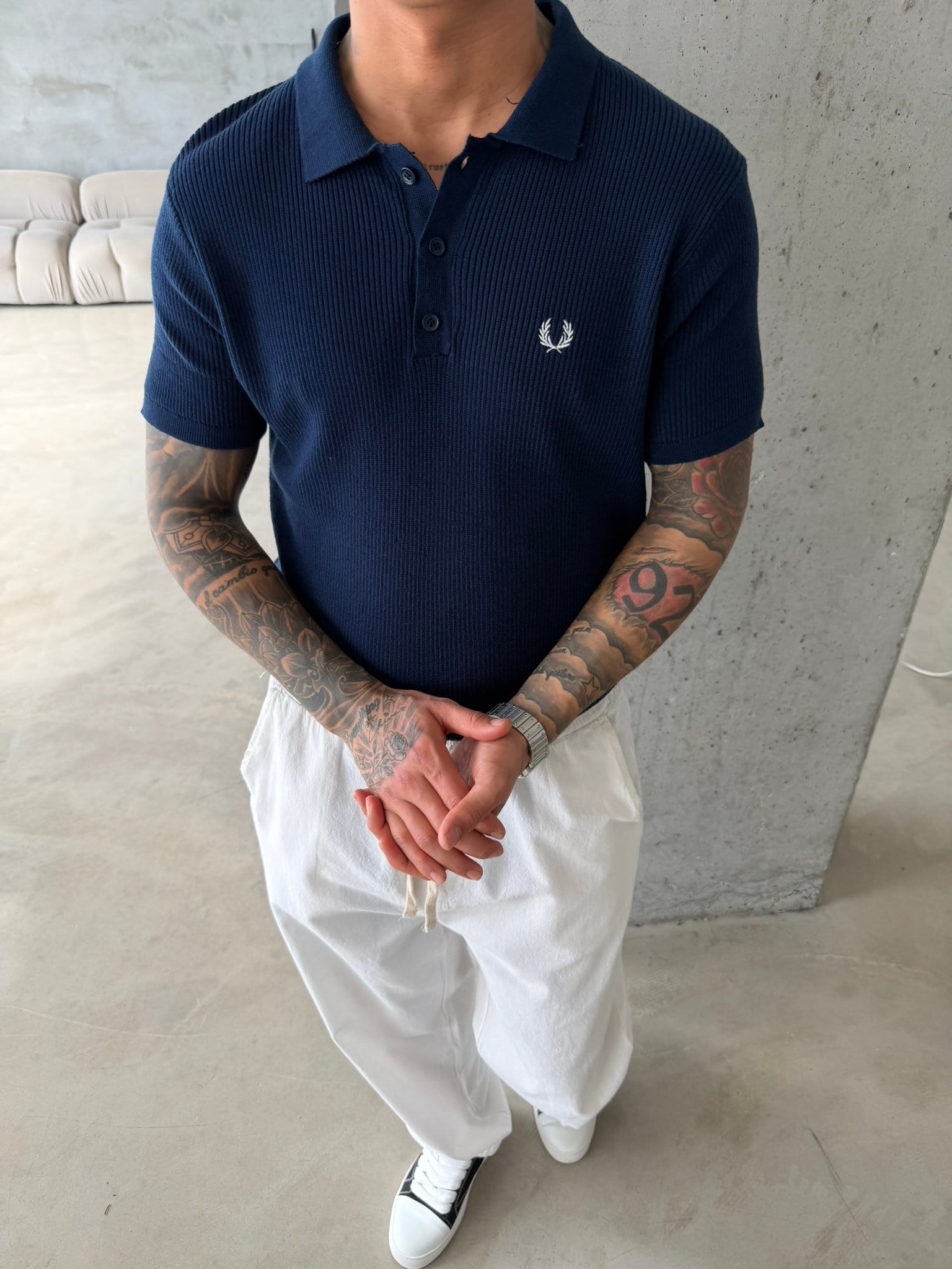 Basic Regular Nakışlı Düğmeli Yaka T-Shirt - Lacivert