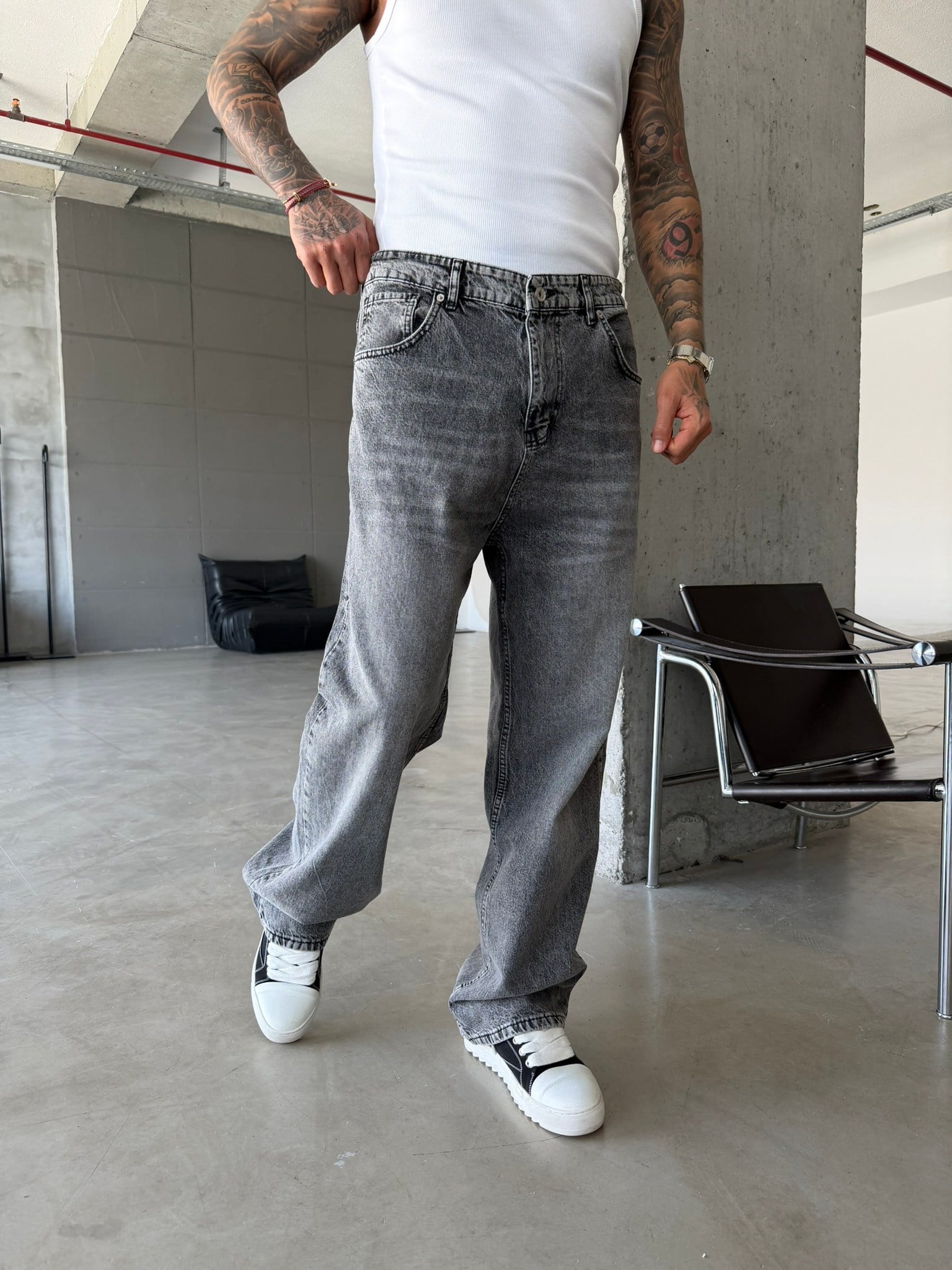 Basic Relax Baggy Pantolon - Gri