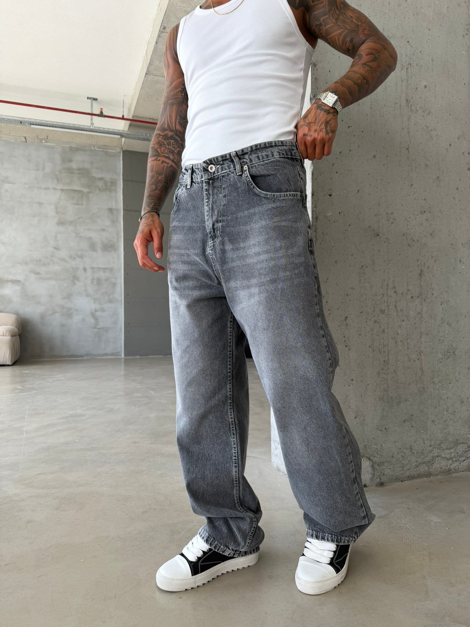 Basic Relax Gri Baggy Pantolon