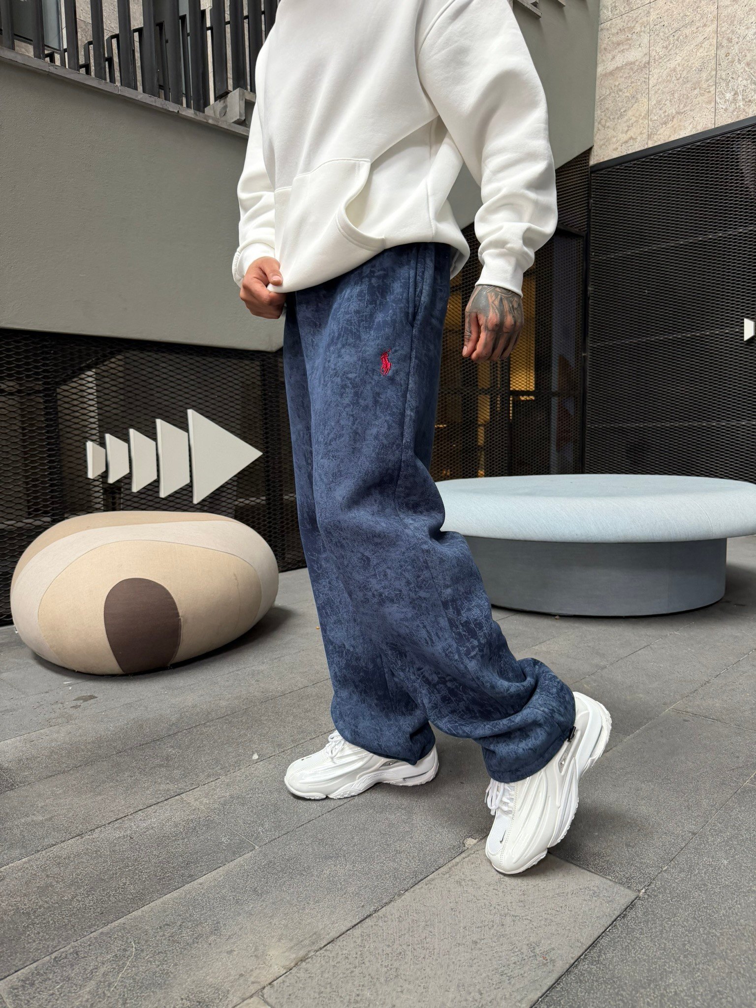 Basic Wide Yıkamlı Acid Baggy Eşofman - İndigo