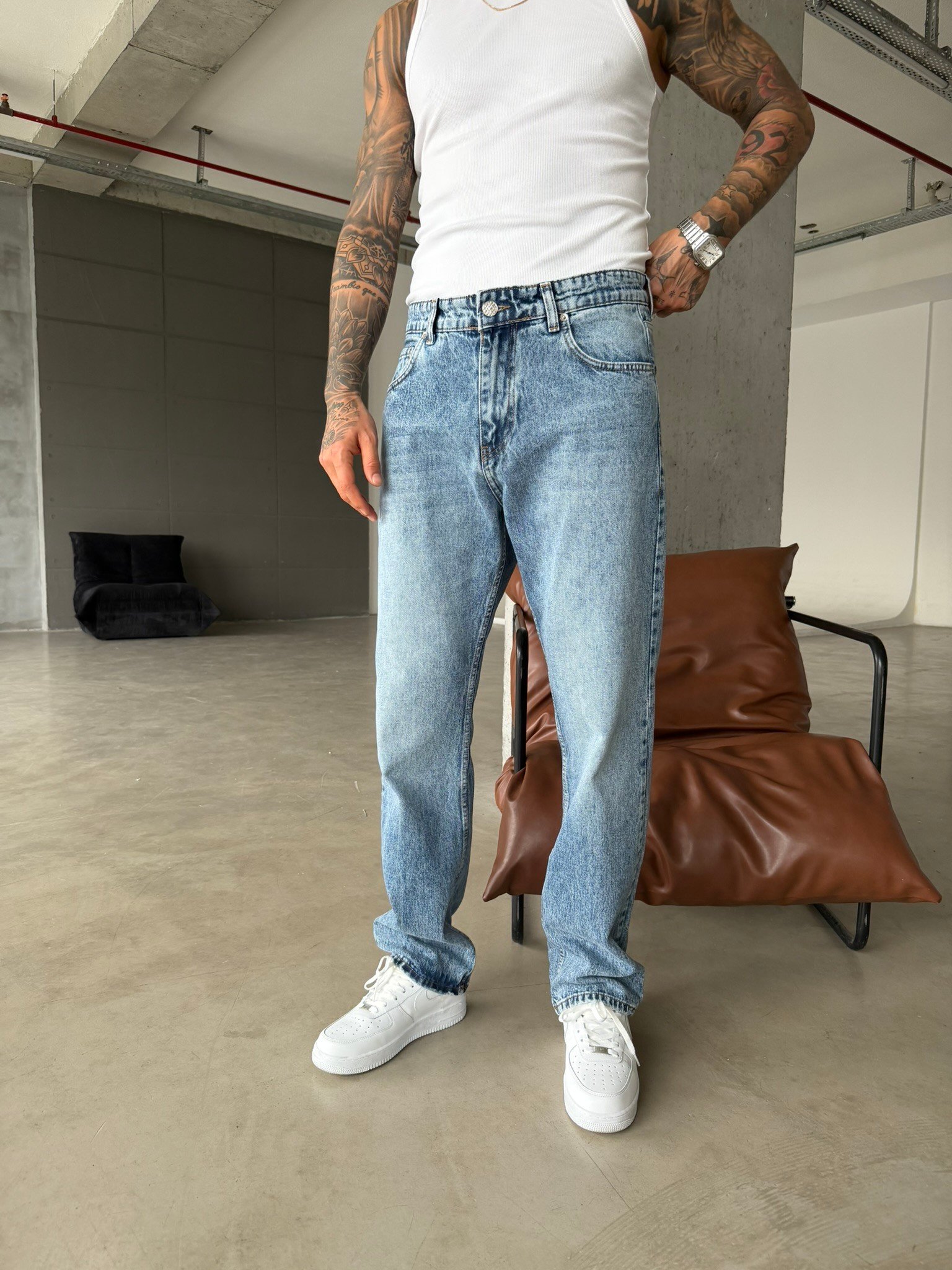 Basic Yıkama Baggy Pantolon - Mavi