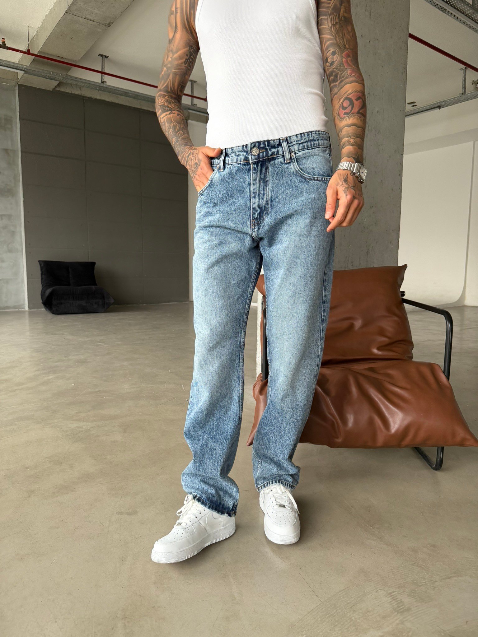 Basic Yıkama Baggy Pantolon - Mavi