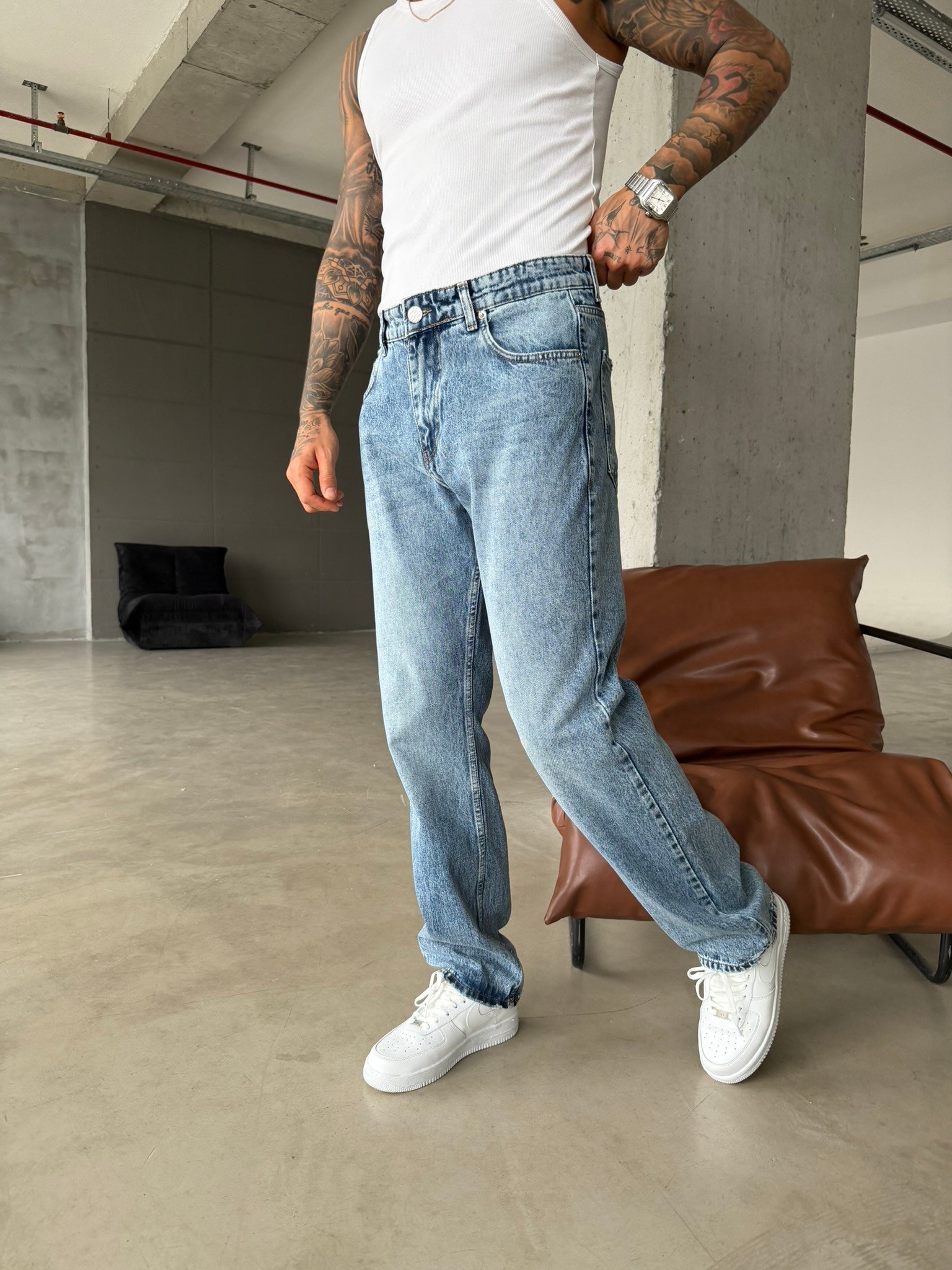 Basic Yıkama Baggy Pantolon - Mavi