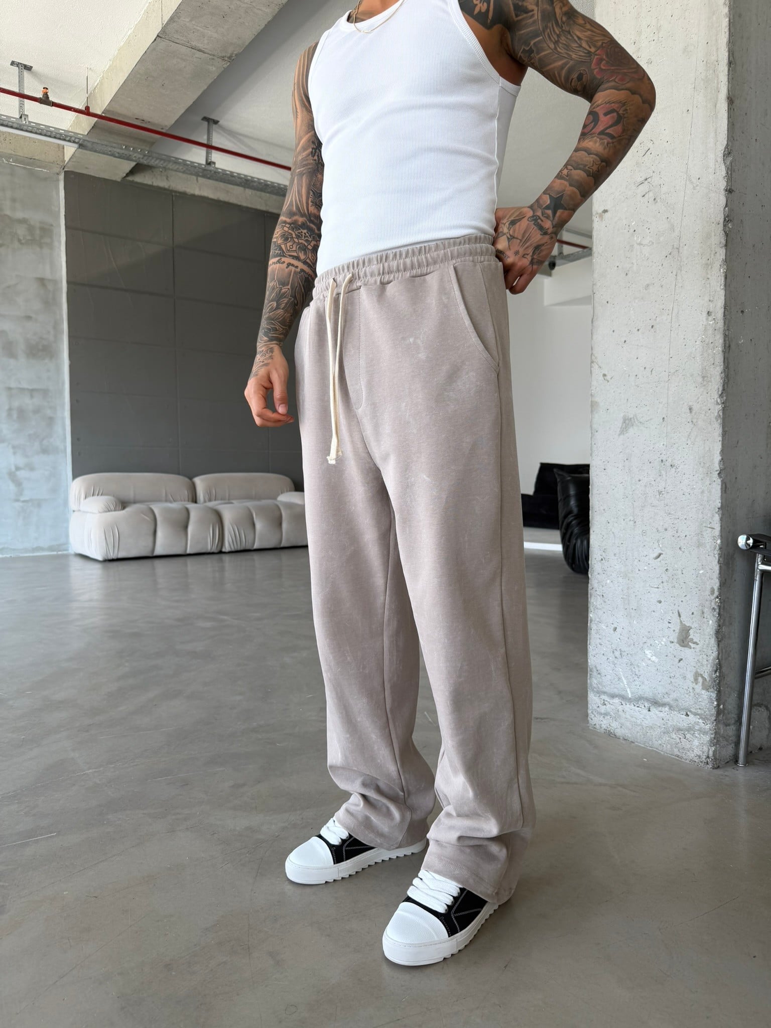 Basic Yıkamalı Acid Baggy Eşofman - Bej