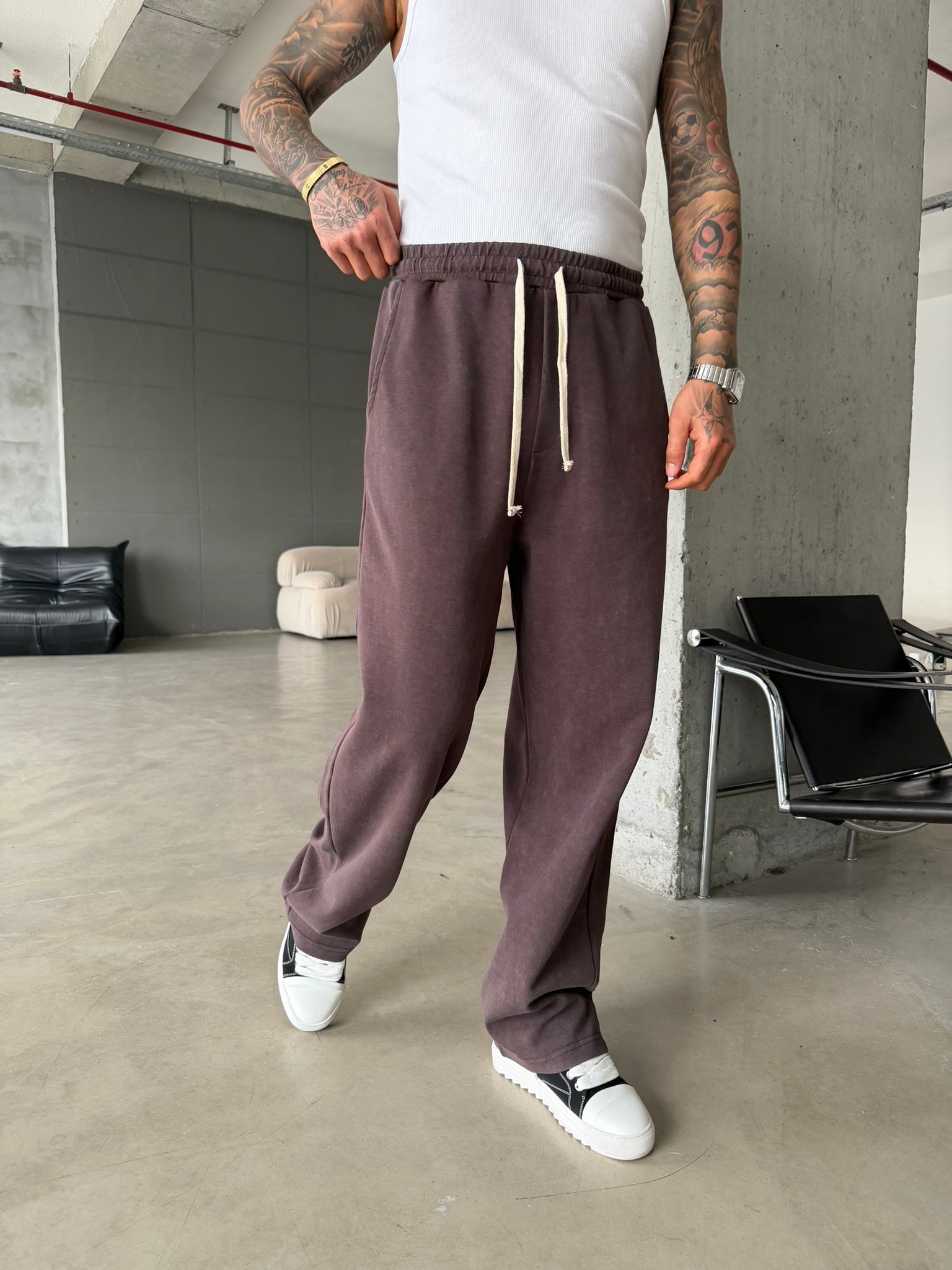 Basic Yıkamalı Acid Baggy Eşofman - Kahve