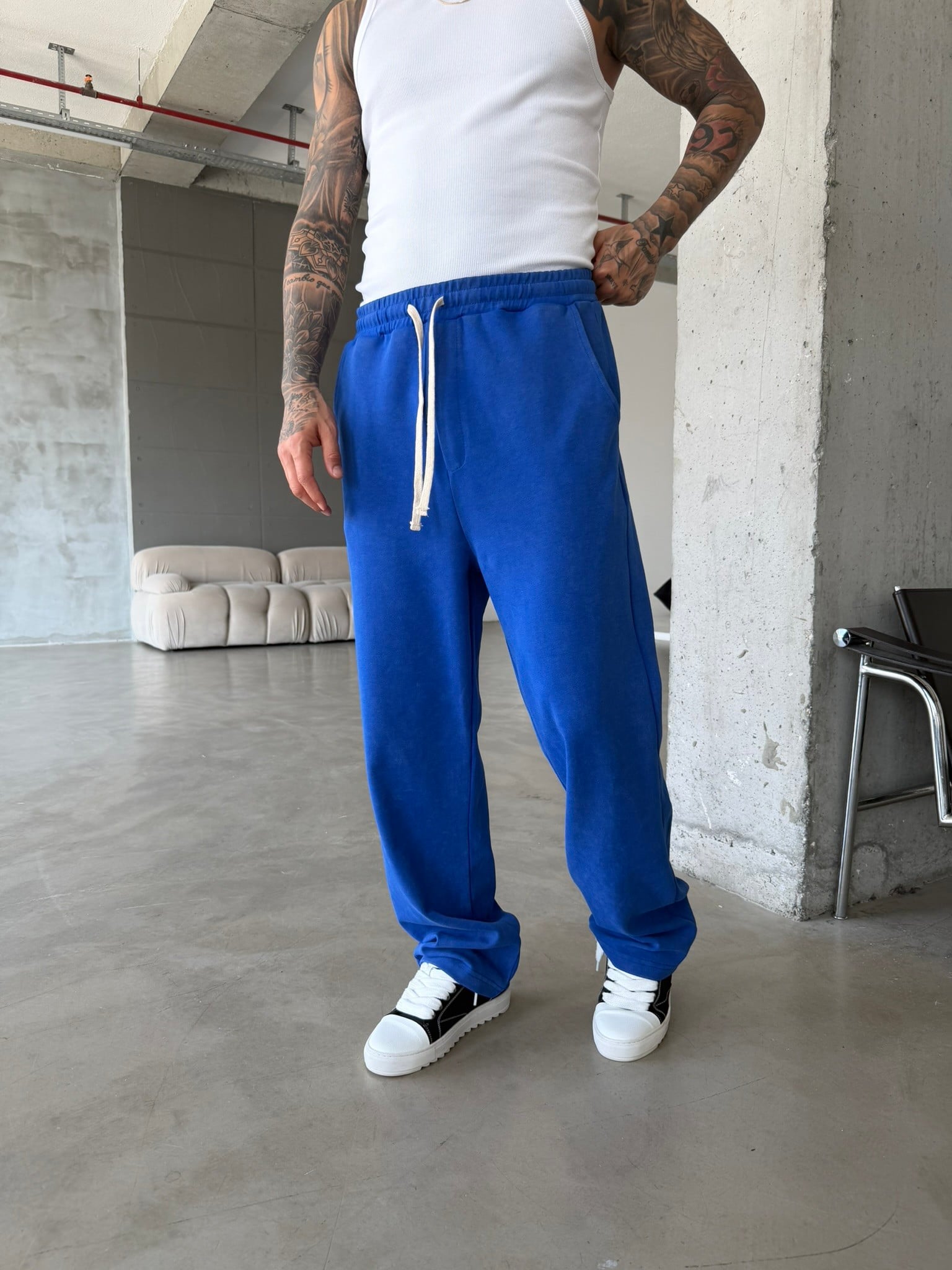 Basic Yıkamalı Acid Baggy Eşofman - Mavi