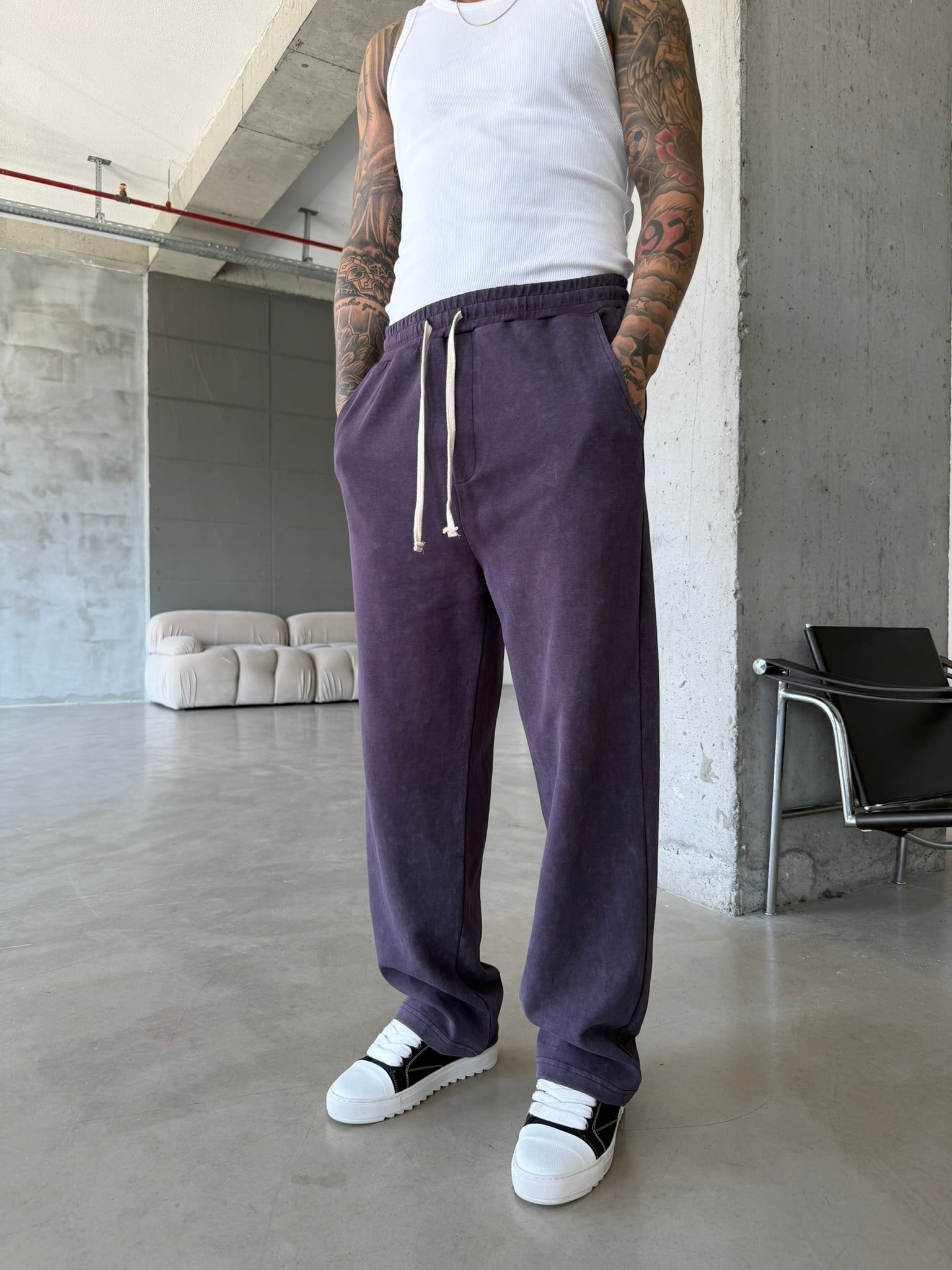 Basic Yıkamalı Acid Baggy Eşofman - Mürdün