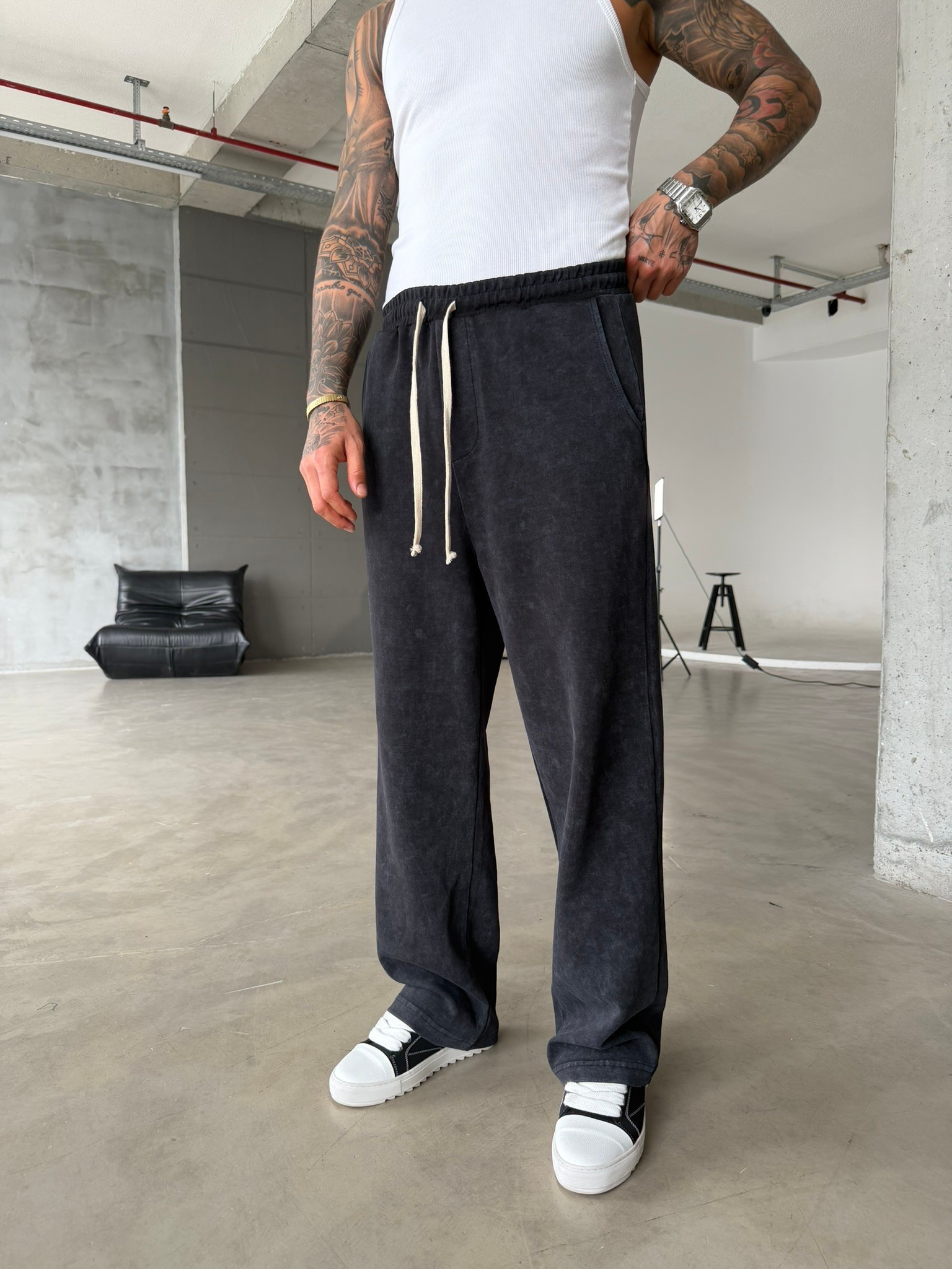 Basic Yıkamalı Acid Baggy Eşofman - Siyah