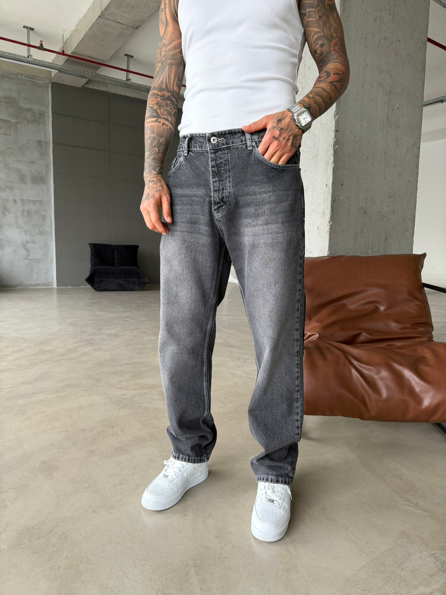 Basic Yıkamalı Baggy Pantolon - Füme