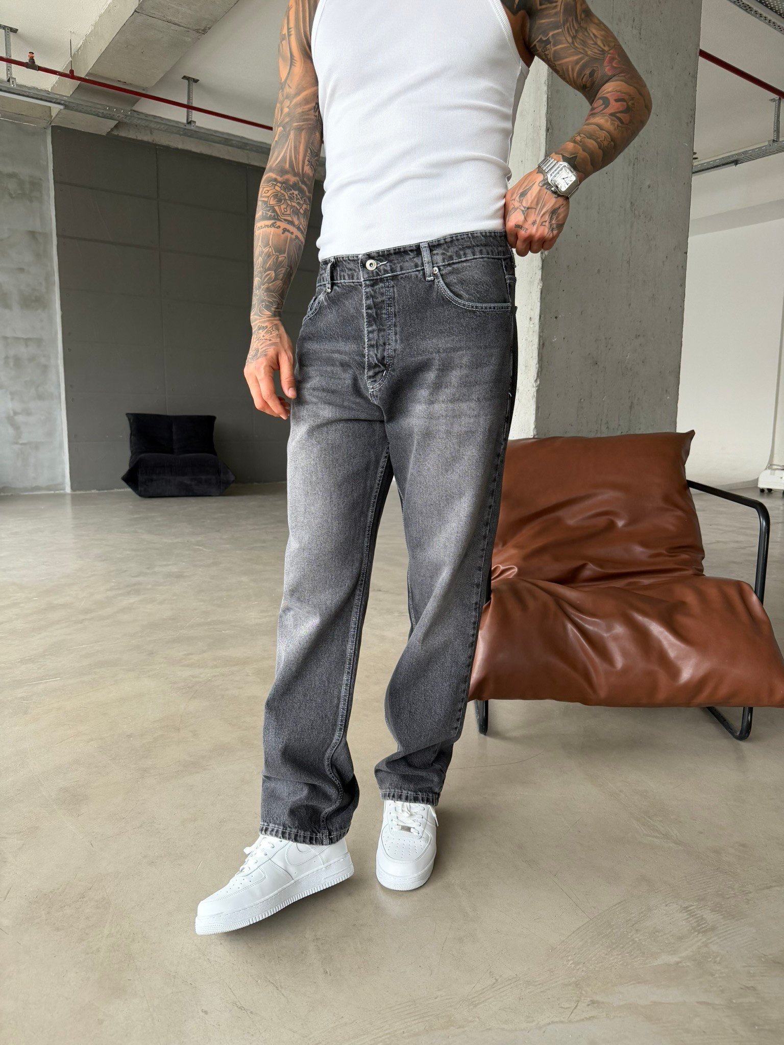 Basic Yıkamalı Baggy Pantolon - Füme